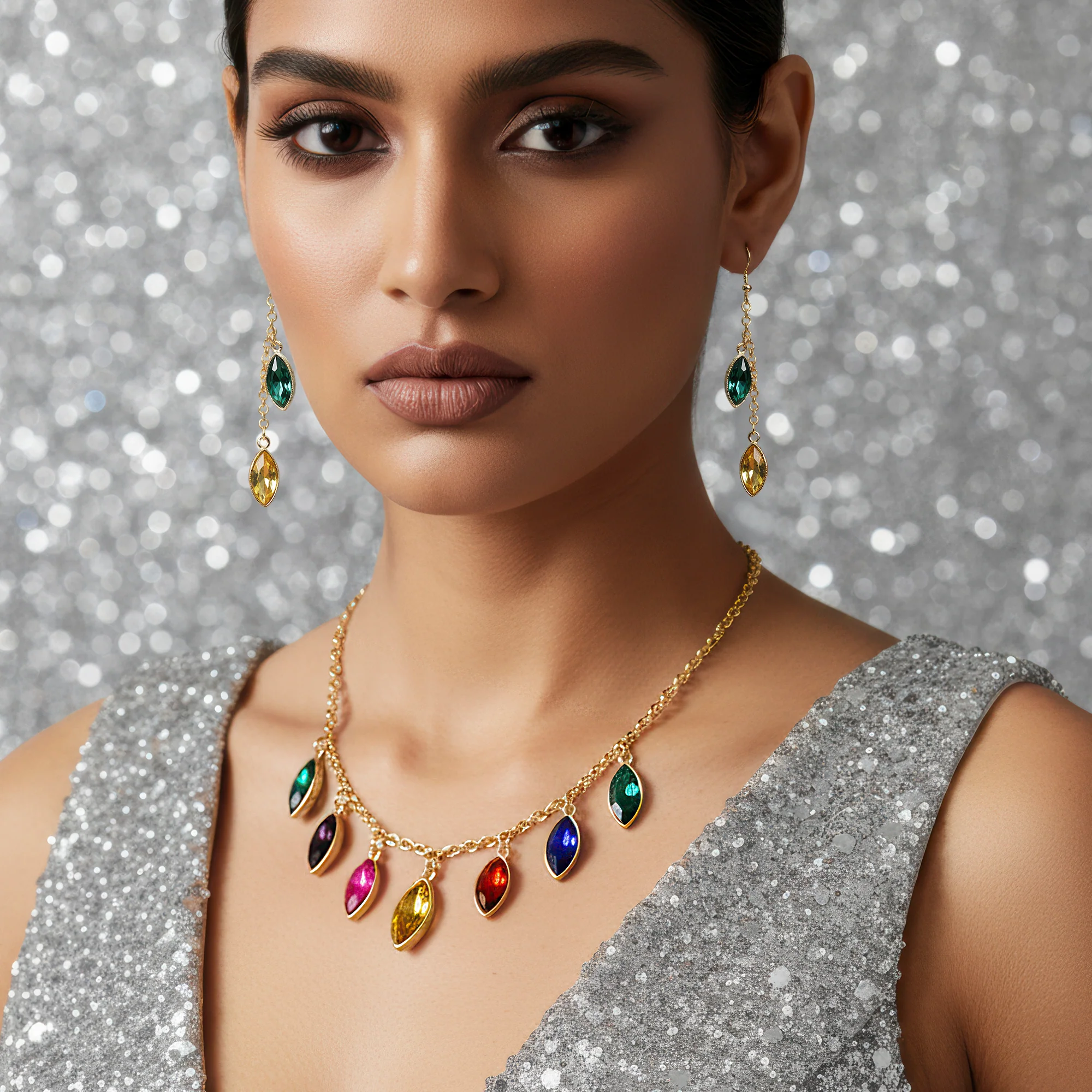 PRAO Necklace Anti-Tarnish Multicoloured Crystal Set With Earrings - Image 5