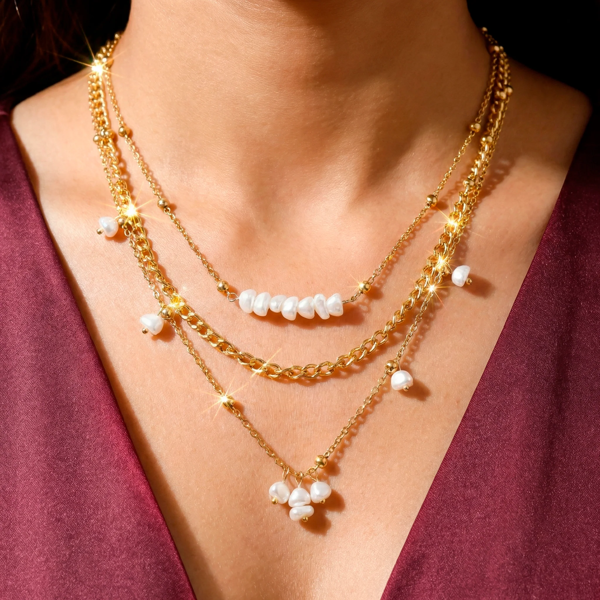 PRAO Necklace Anti-Tarnish Triple Layered High Fashion Gold Plated Set - Image 3