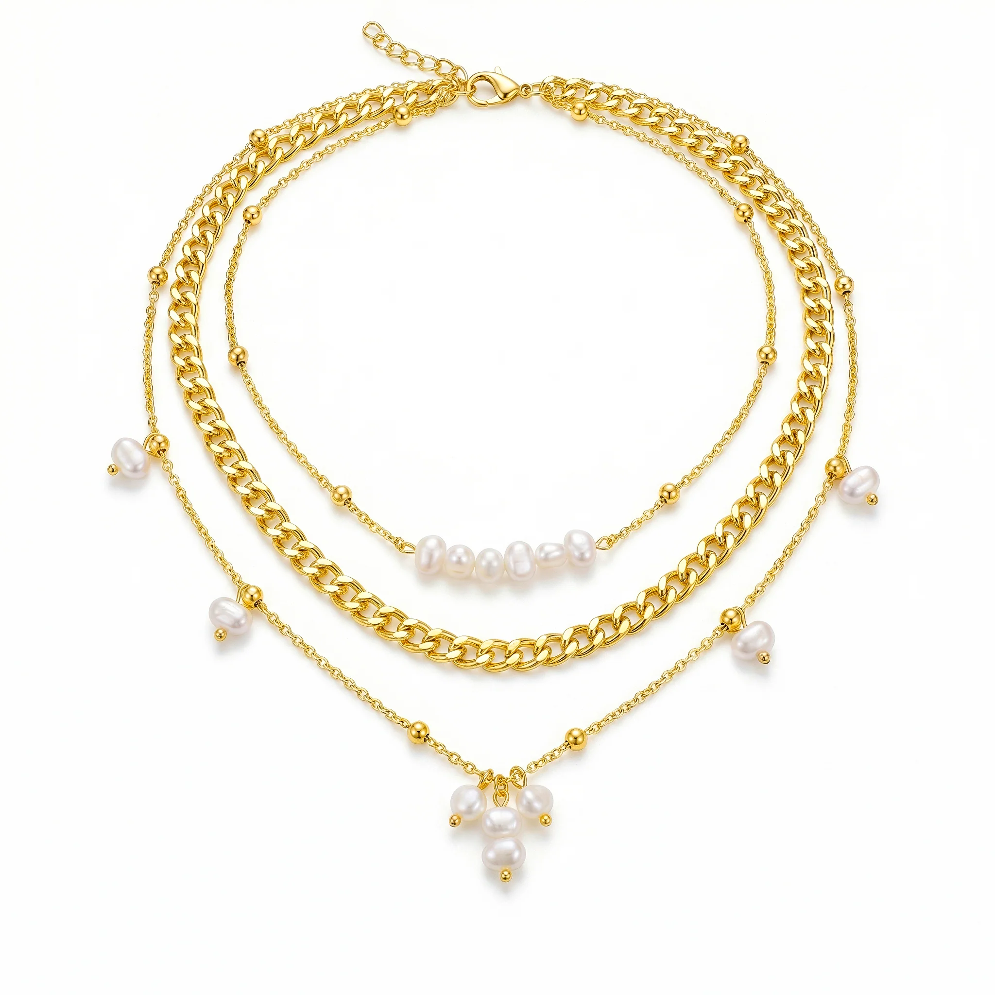 PRAO Necklace Anti-Tarnish Triple Layered High Fashion Gold Plated Set - Image 4