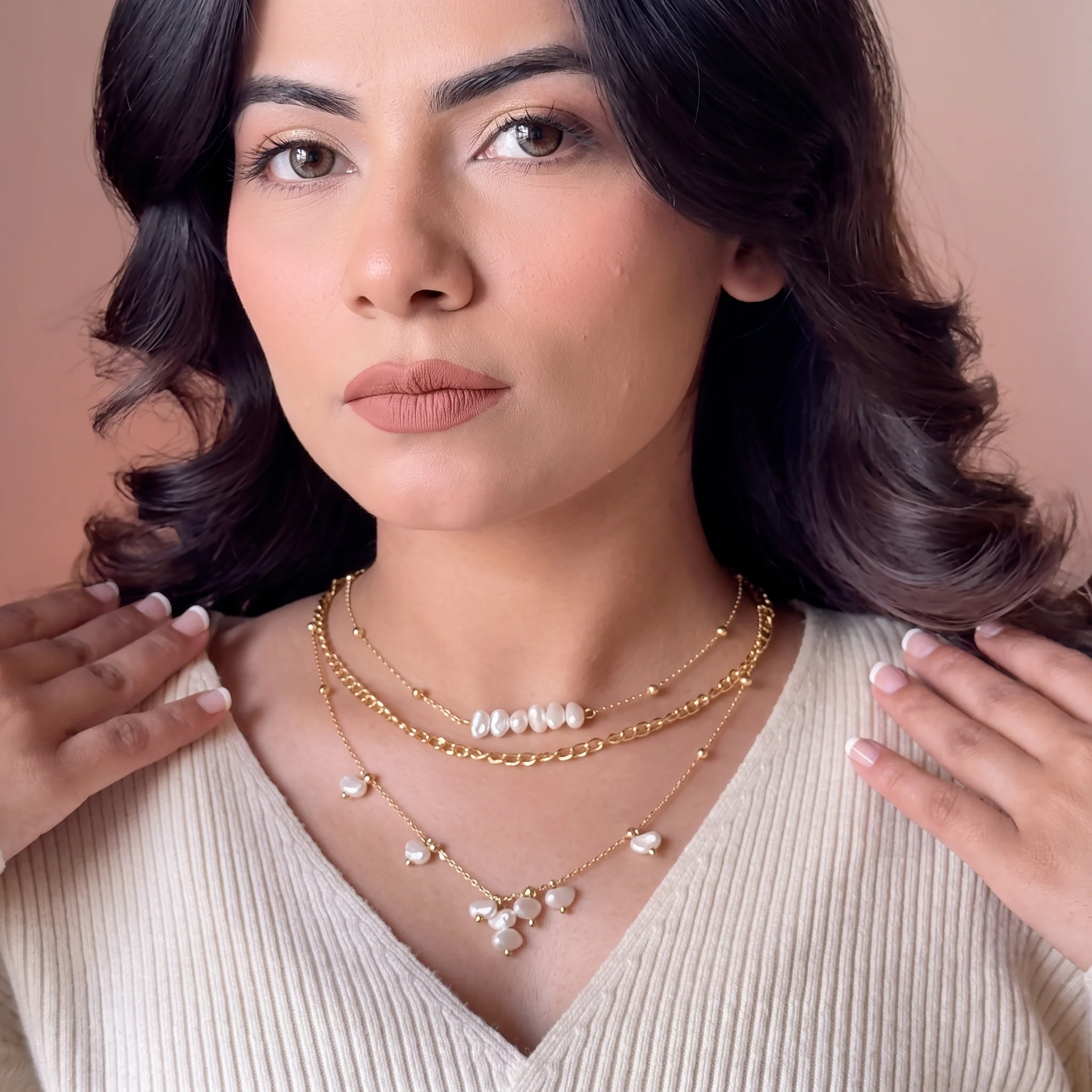 PRAO Necklace Anti-Tarnish Triple Layered High Fashion Gold Plated Set - Image 6