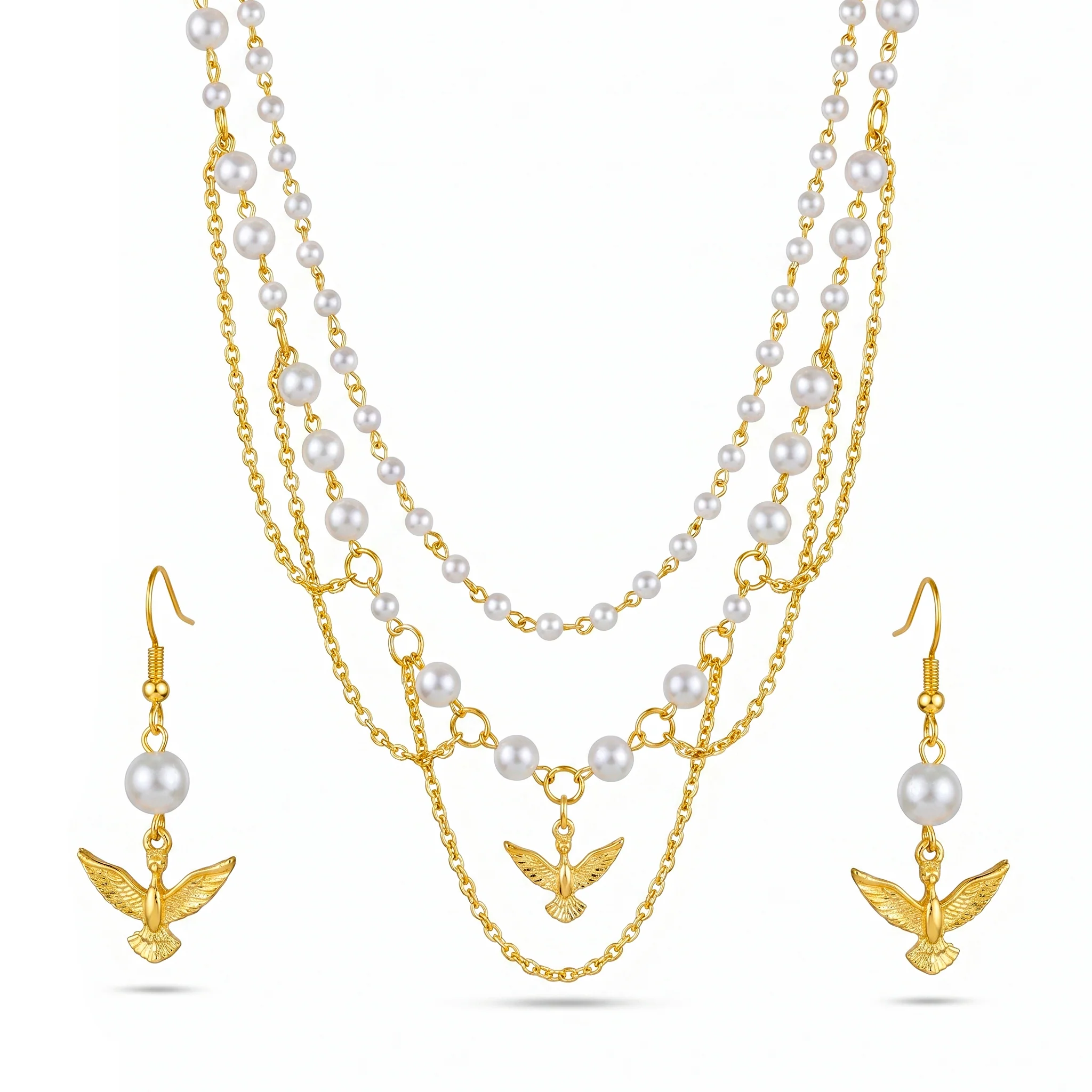 PRAO Necklace Anti-Tarnish Pearls & Bird Set With Earrings