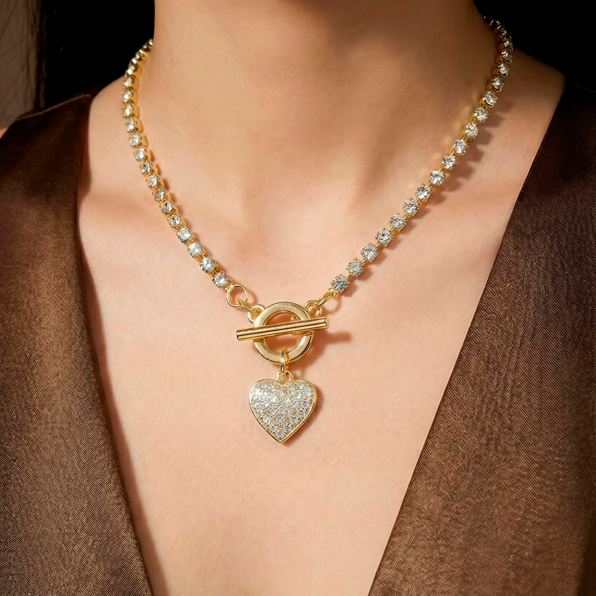 PRAO Necklace Anti-Tarnish Gold Plated Premium AD-Studded Heart Charm with T-Lock - Image 2