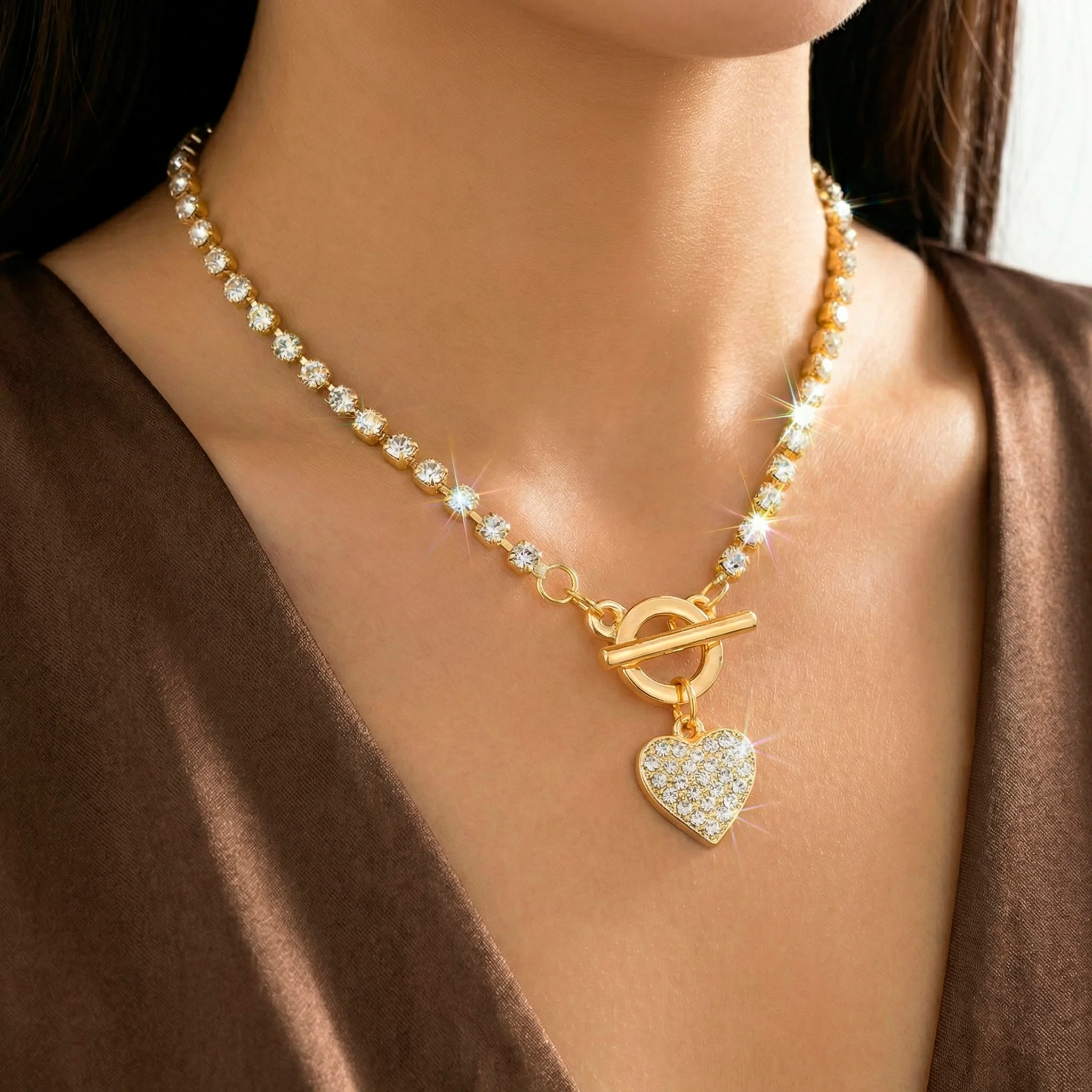 PRAO Necklace Anti-Tarnish Gold Plated Premium AD-Studded Heart Charm with T-Lock - Image 4