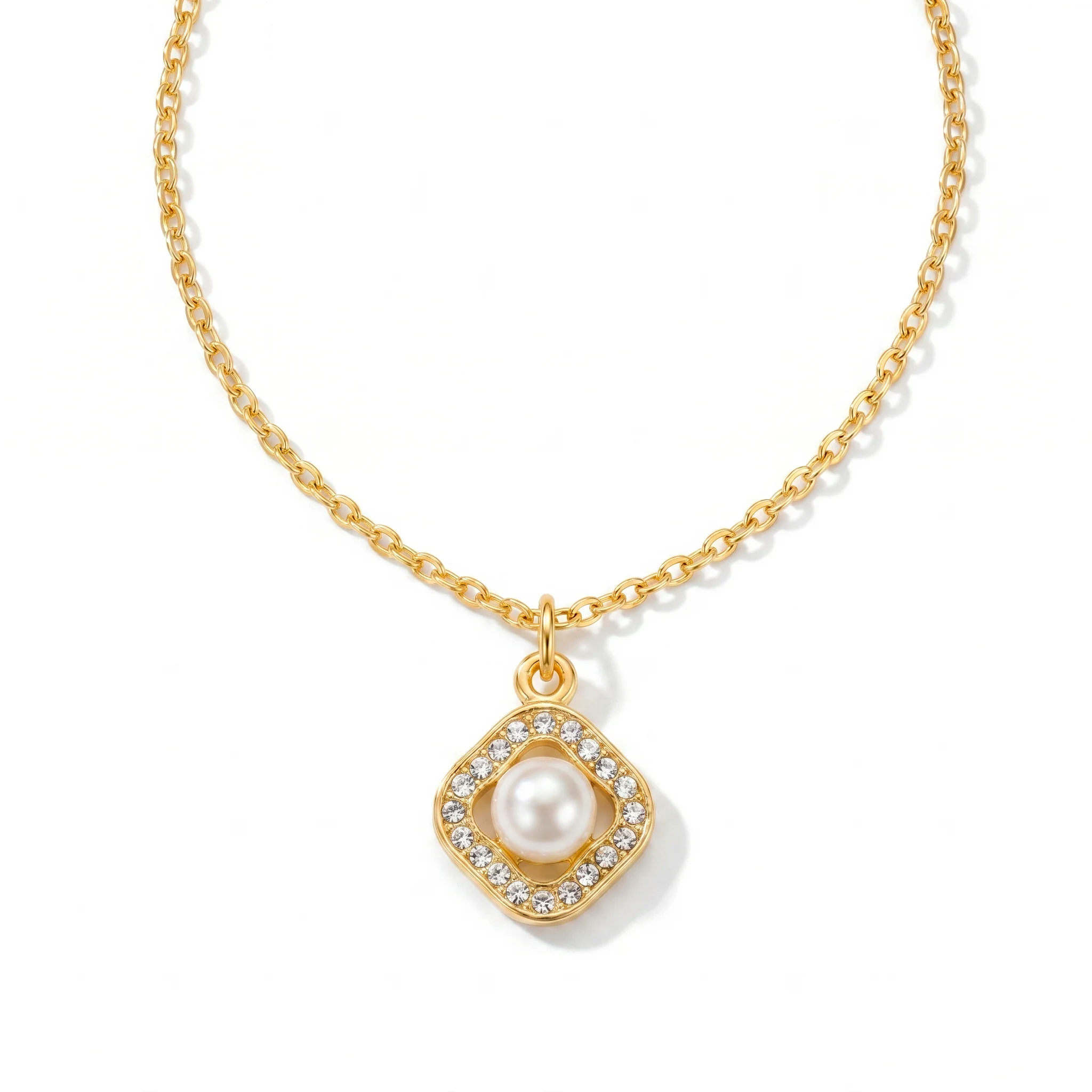 PRAO Necklace Anti-Tarnish Minimalist Square AD And Pearl Studded Pendant - Image 2