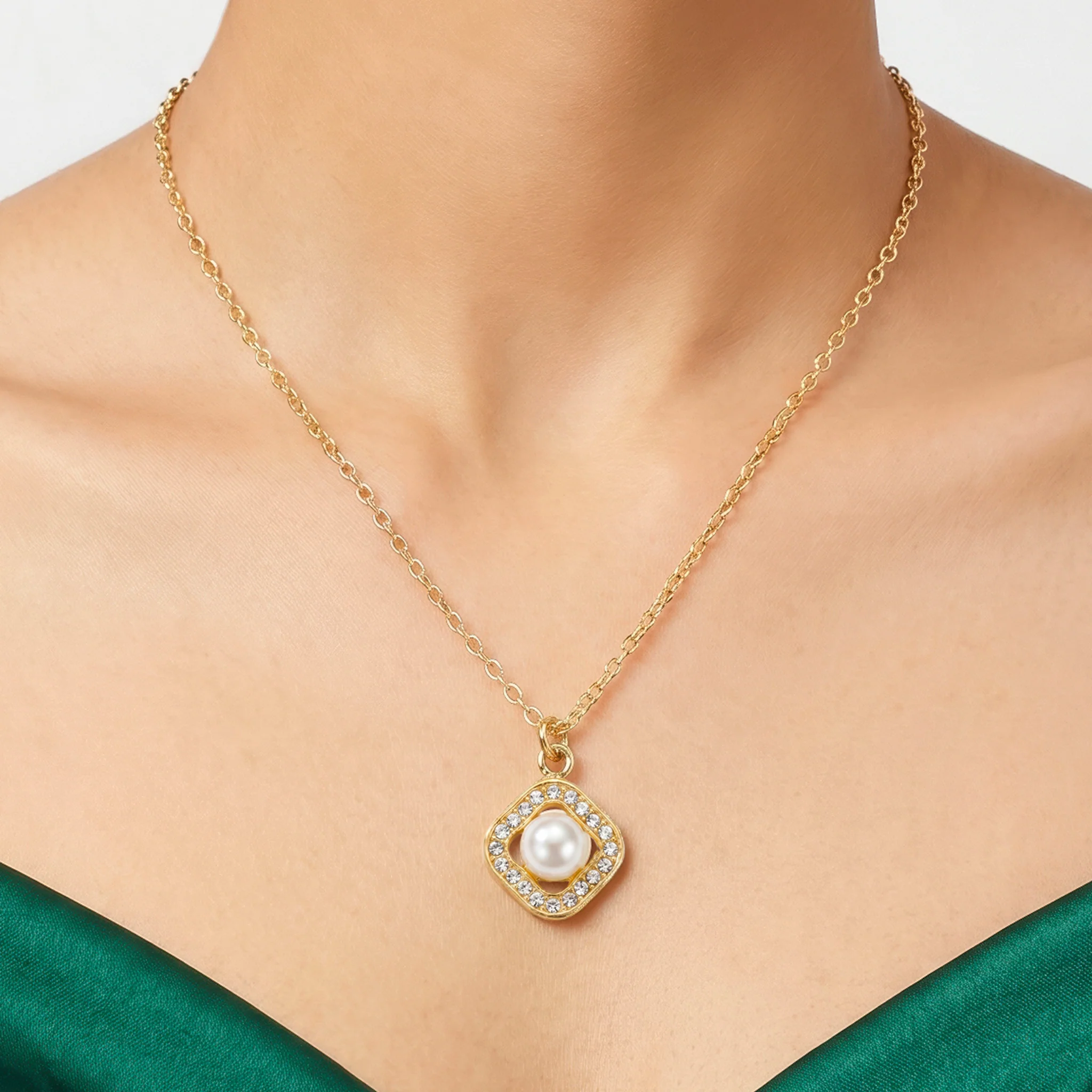PRAO Necklace Anti-Tarnish Minimalist Square AD And Pearl Studded Pendant - Image 3