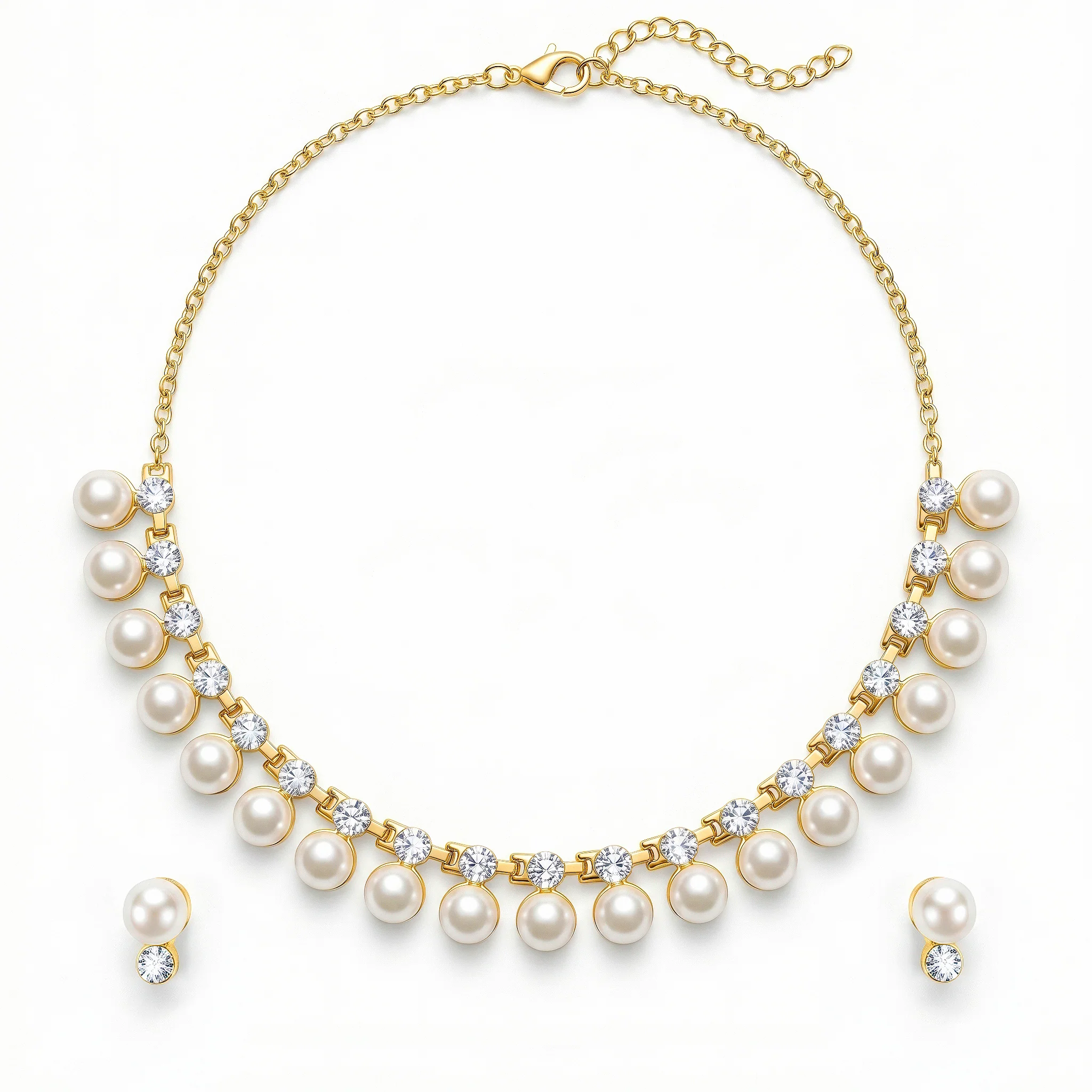 PRAO Necklace Anti-Tarnish Pearl & Crystal Studded Statement Set with Earrings - Image 2