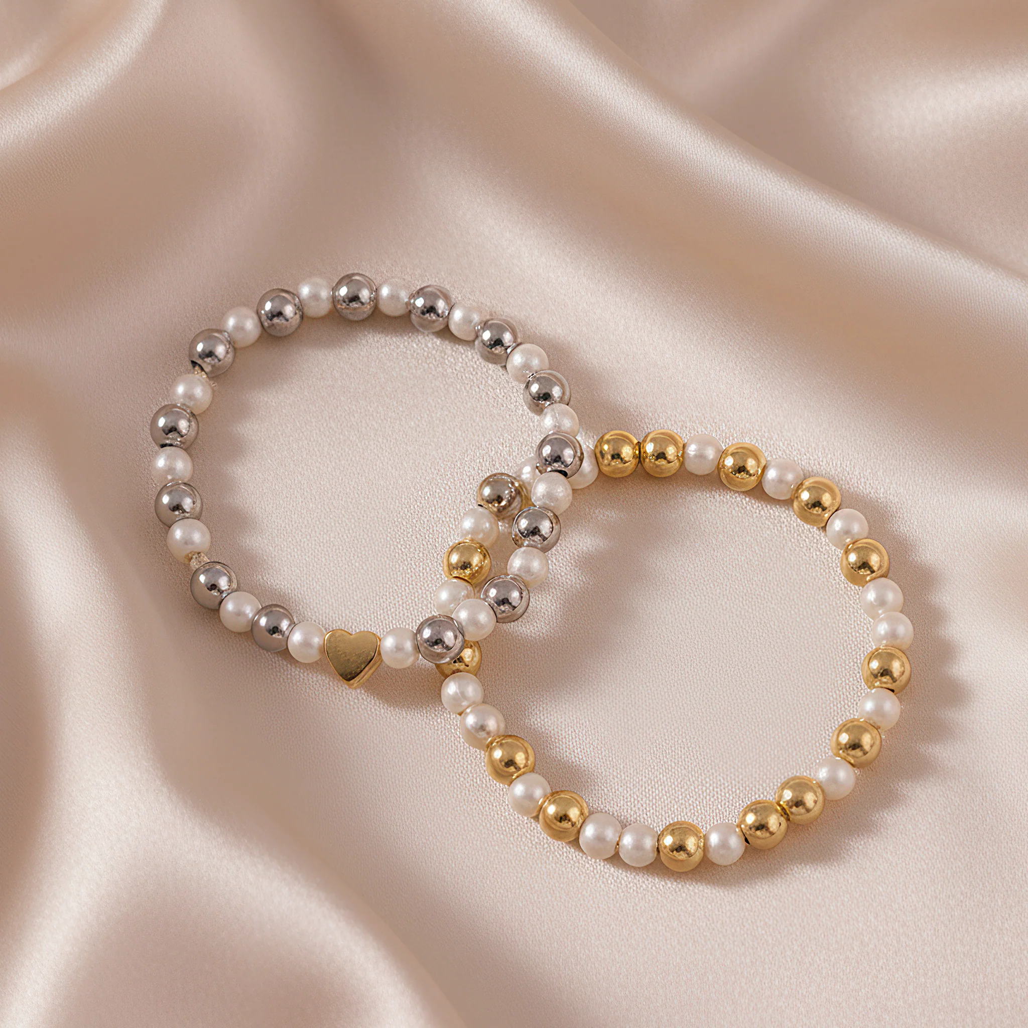 PRAO 2 Bracelets Anti-Tarnish Stretchable with Pearl & Heart Charm (Adjustable Size) - Image 3