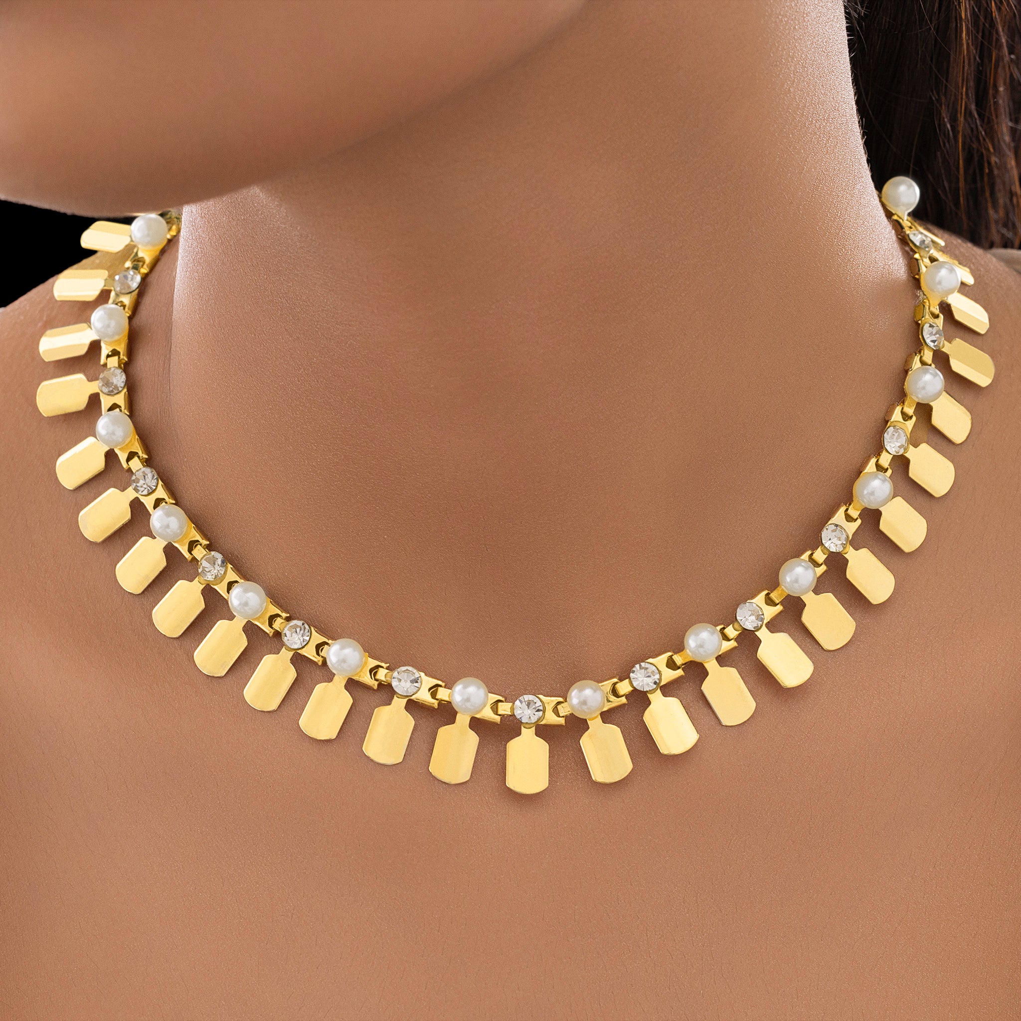PRAO Necklace Anti-Tarnish Gold Plated Tribal with Pearls & Crystals Set - Image 2