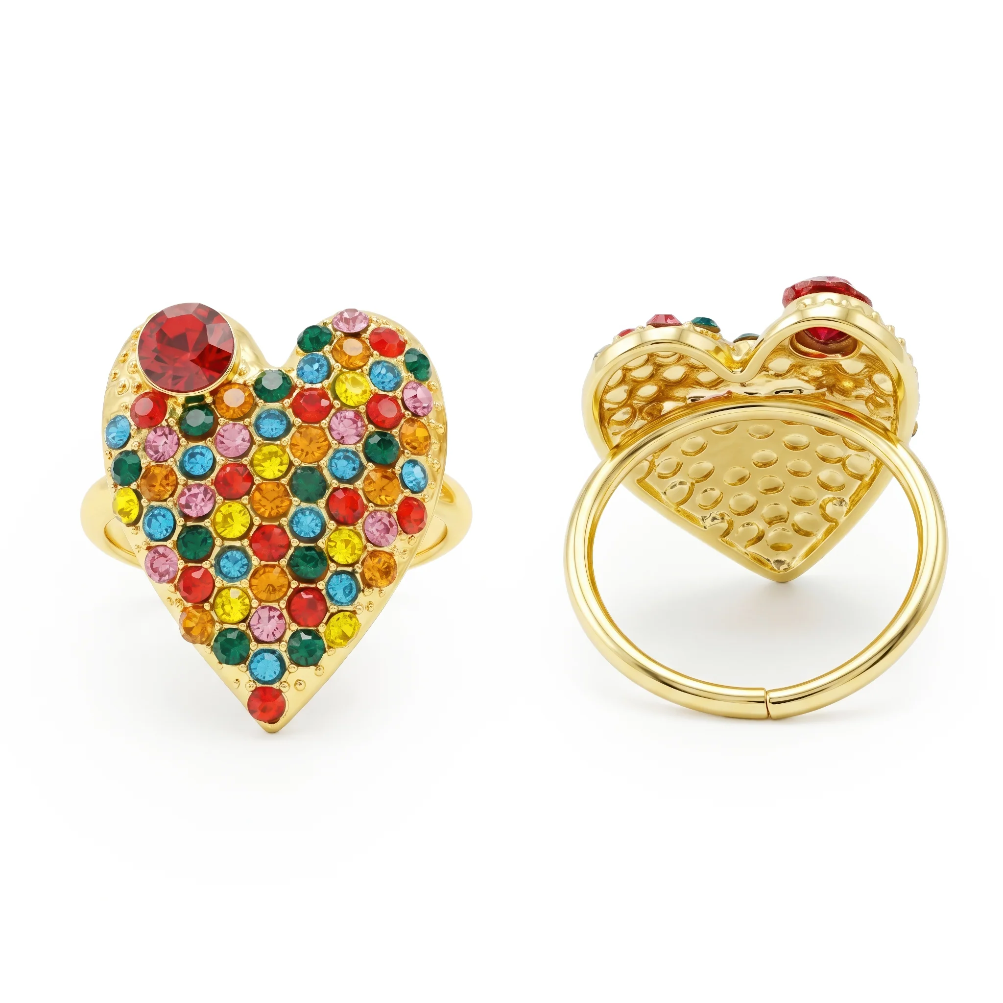 PRAO Ring Anti-Tarnish Multi-Color Crystal Studded Heart-Shaped (Adjustable Size)