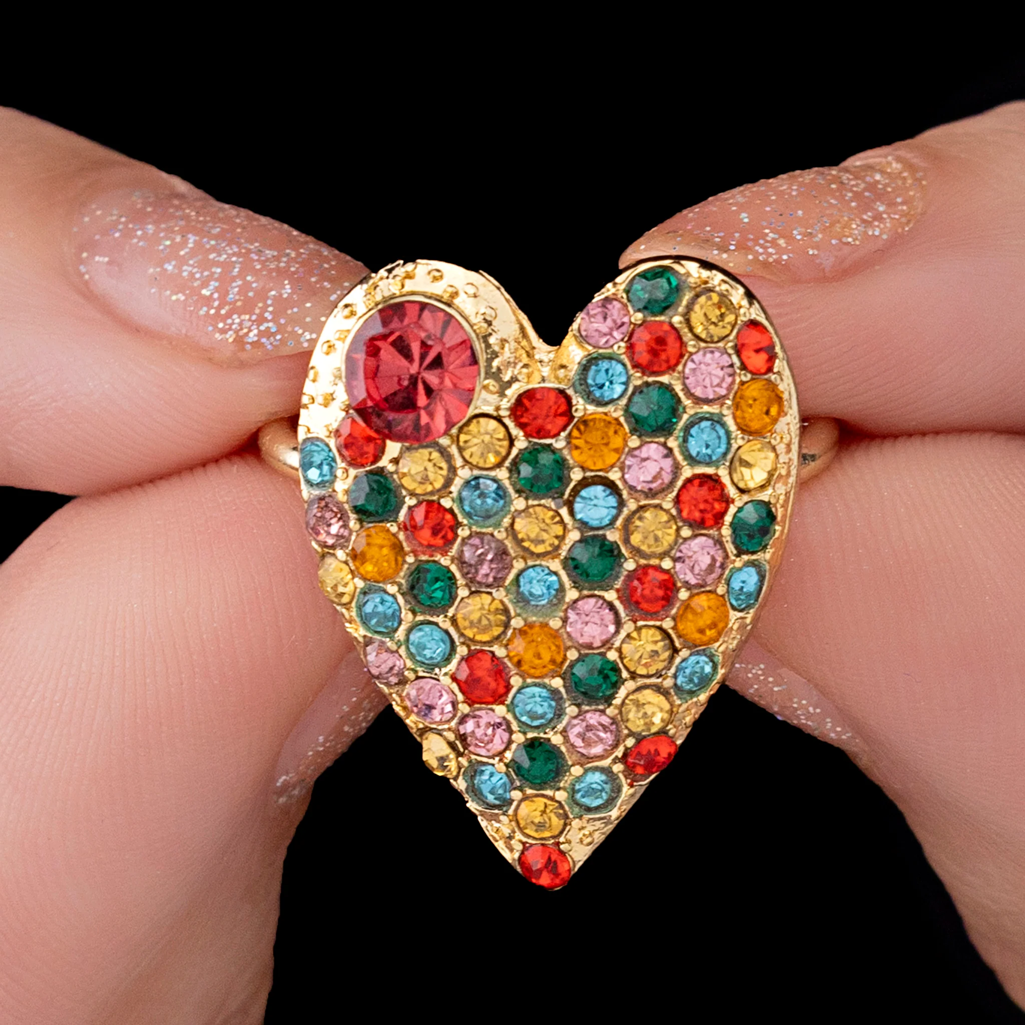 PRAO Ring Anti-Tarnish Multi-Color Crystal Studded Heart-Shaped (Adjustable Size) - Image 3