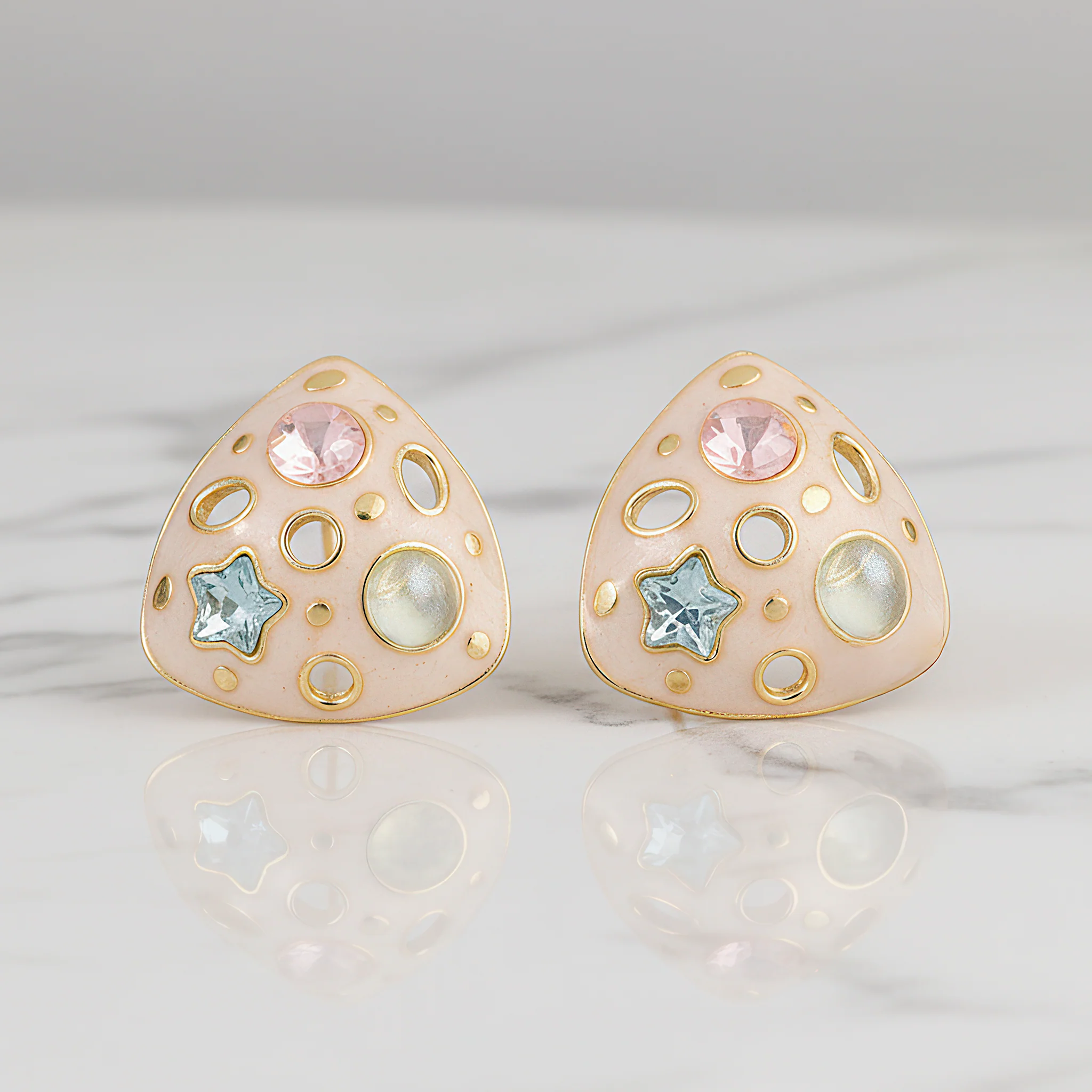 PRAO Earrings Anti-Tarnish Peach Enamel Triangle Crystal Tops - Image 3