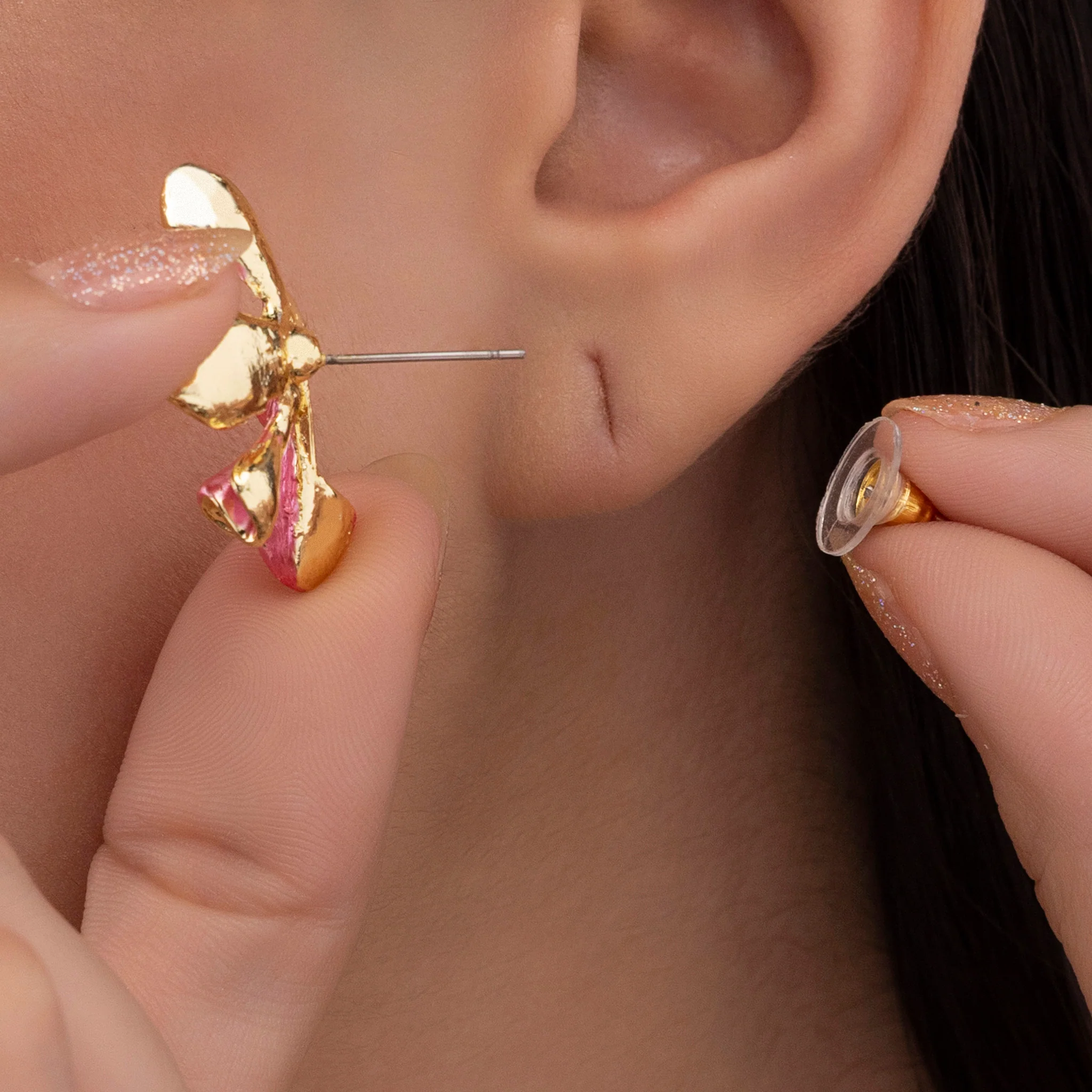 PRAO Earrings  Anti-Tarnish Pink Enamel Lily Flower Studs - Image 6
