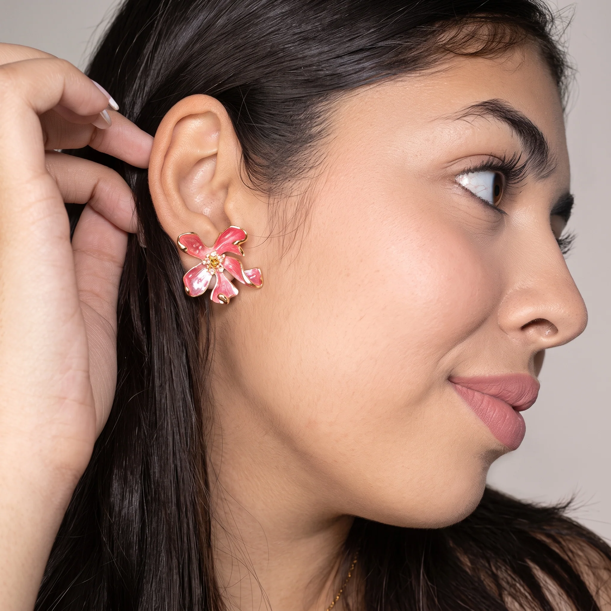 PRAO Earrings  Anti-Tarnish Pink Enamel Lily Flower Studs - Image 7