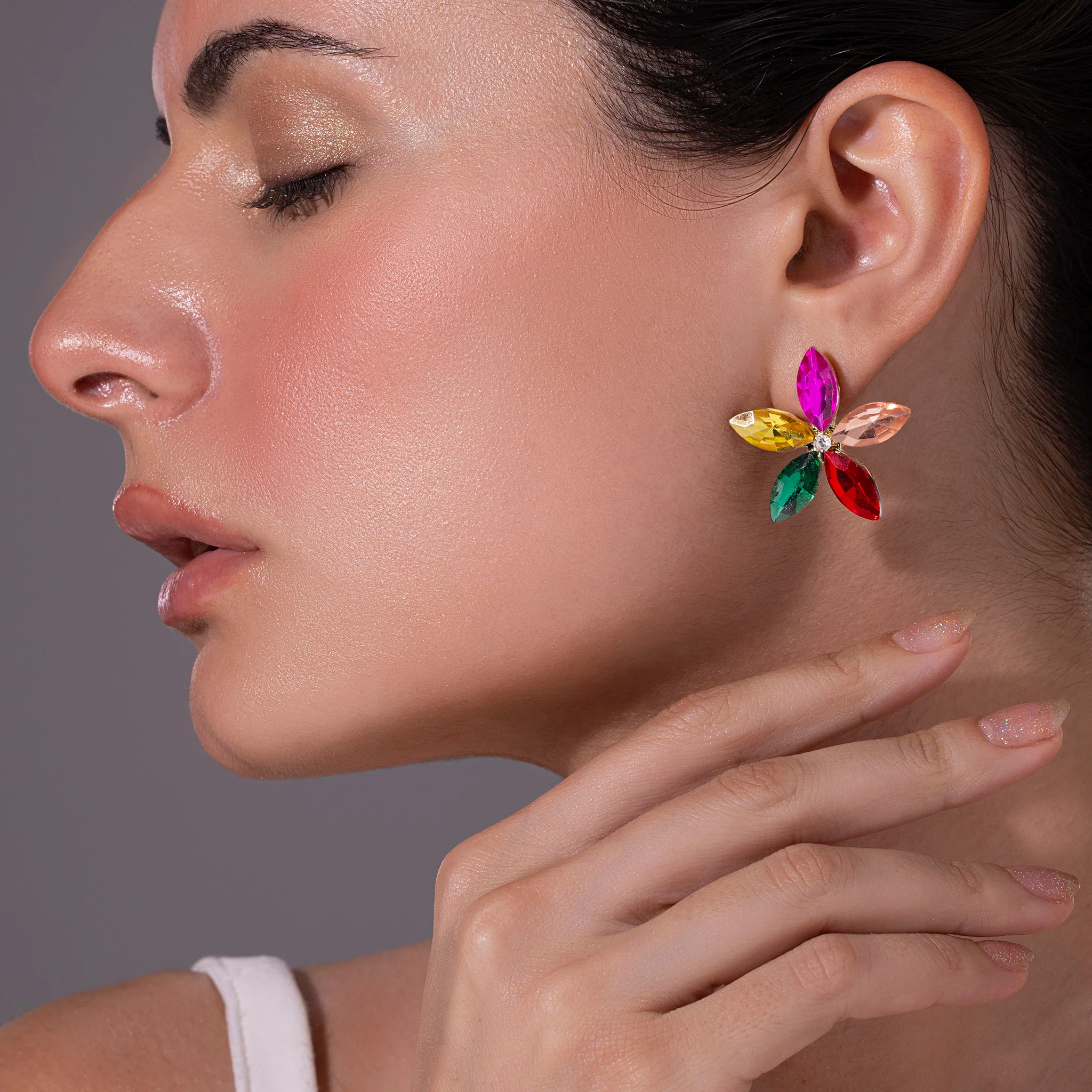 PRAO Earrings Anti-Tarnish Multicolor Crystal Flower Studs - Image 3
