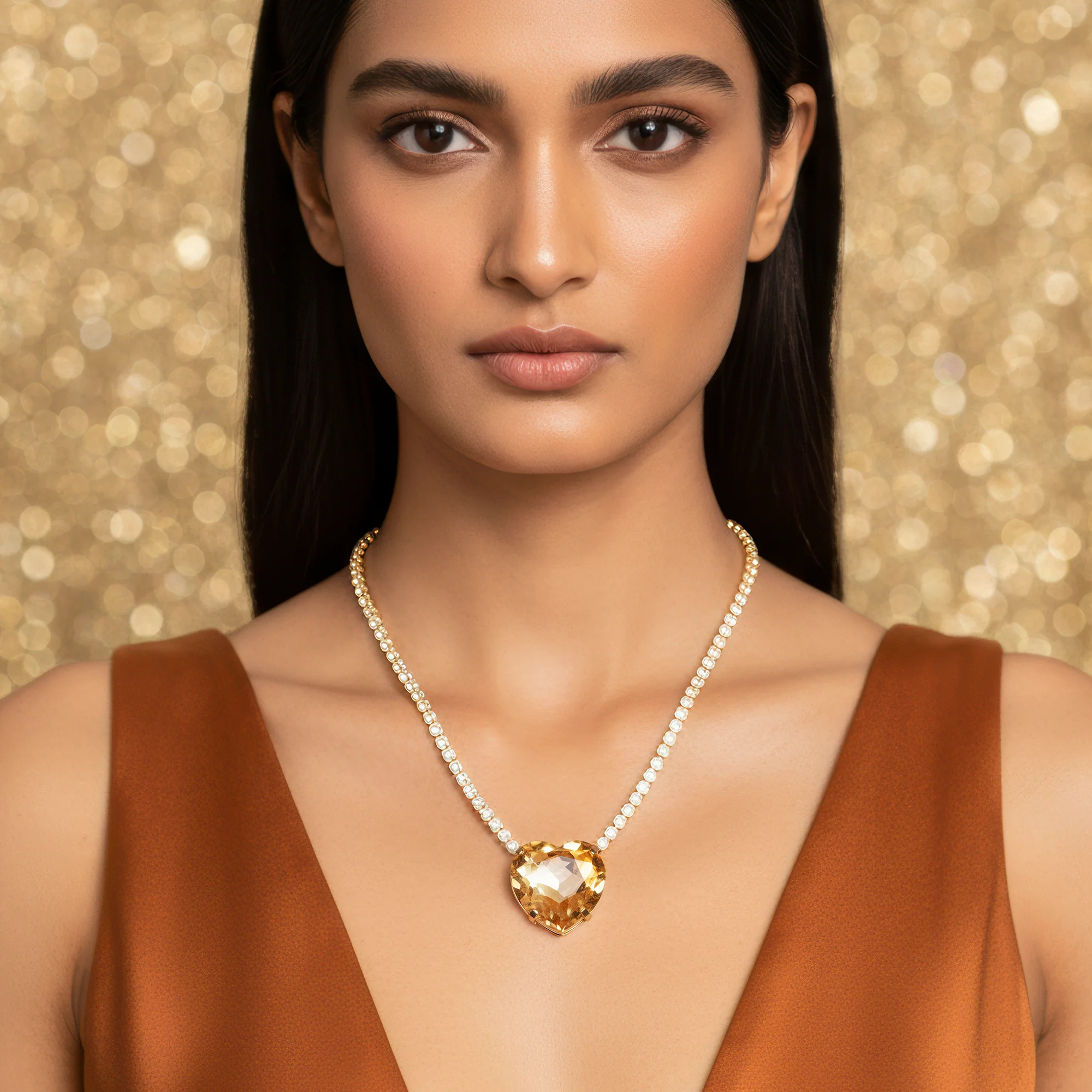 PRAO Necklace Anti-Tarnish Oversized Crystal Heart Shape Studded - Image 3