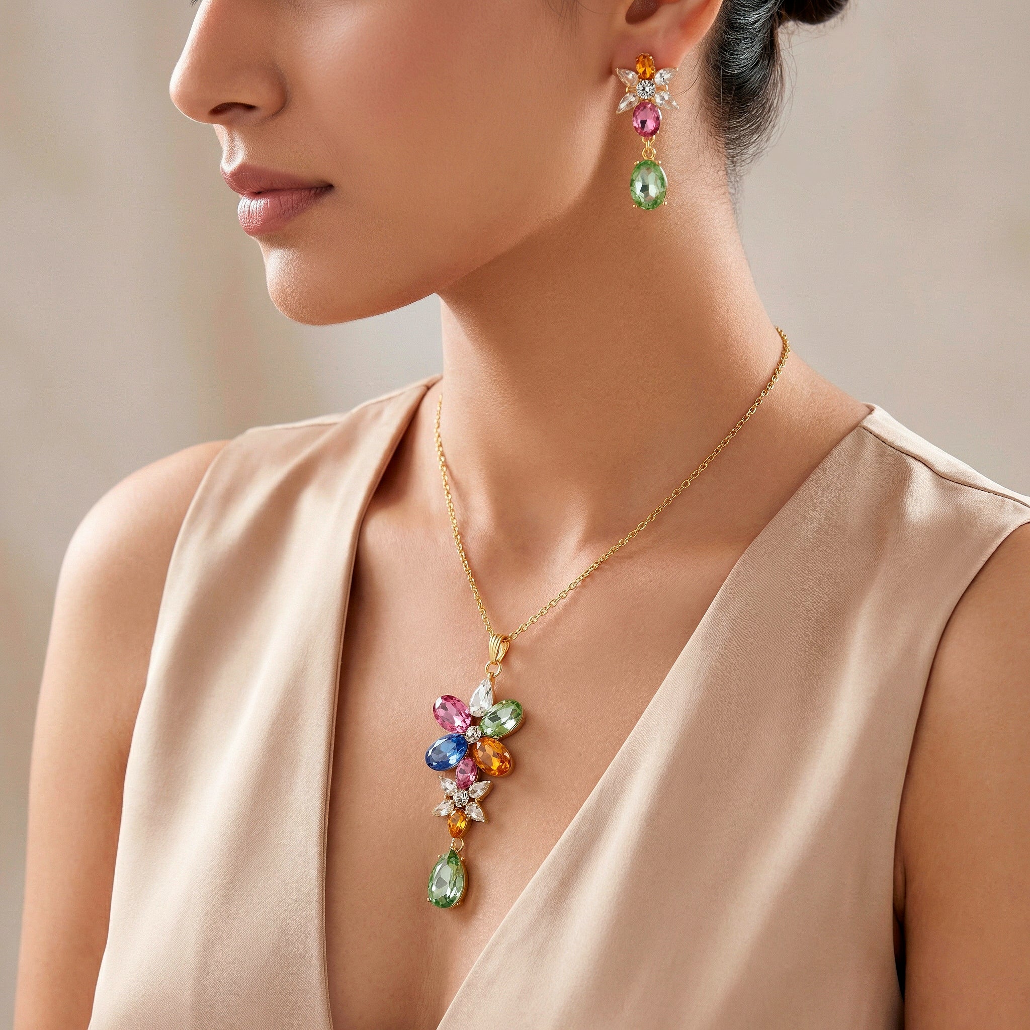 PRAO Necklace Anti-Tarnish Multicoloured Sparkling Crystals Flower with Earrings
