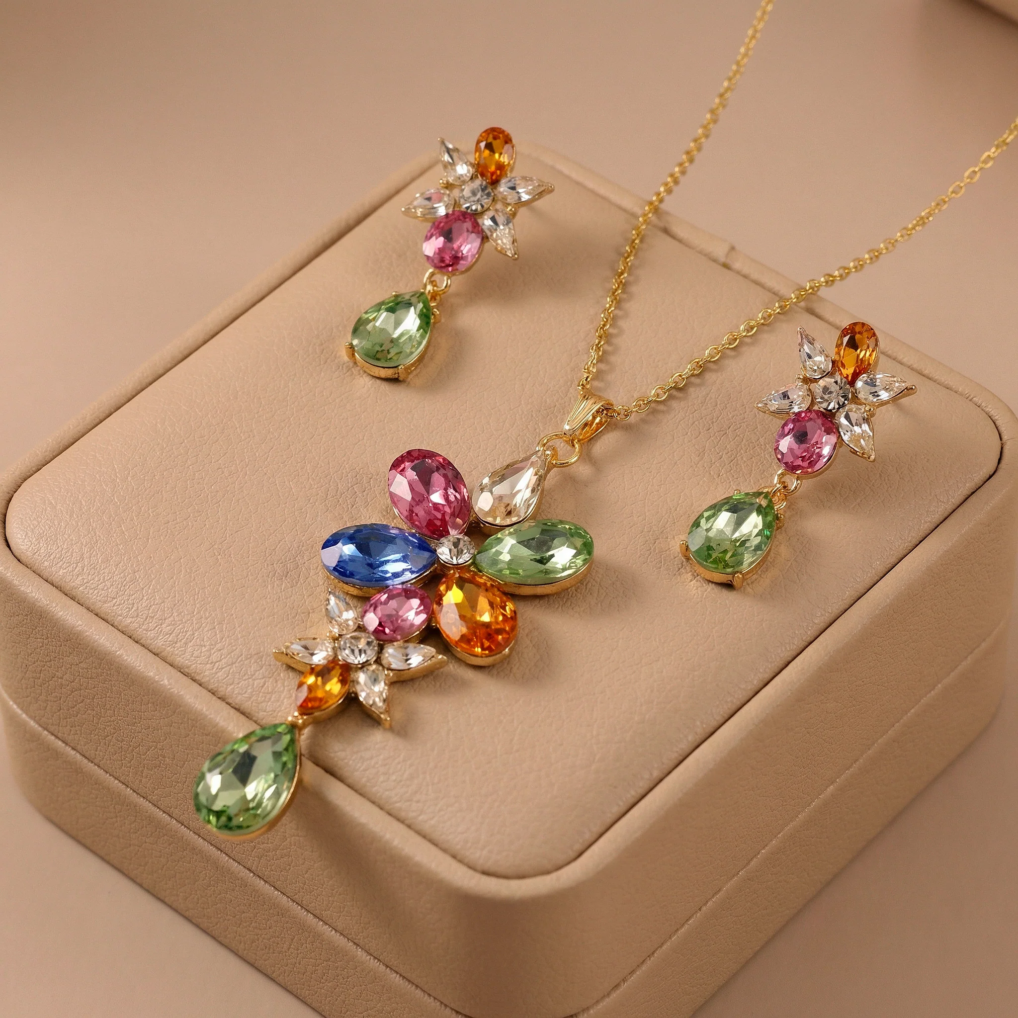PRAO Necklace Anti-Tarnish Multicoloured Sparkling Crystals Flower with Earrings - Image 6