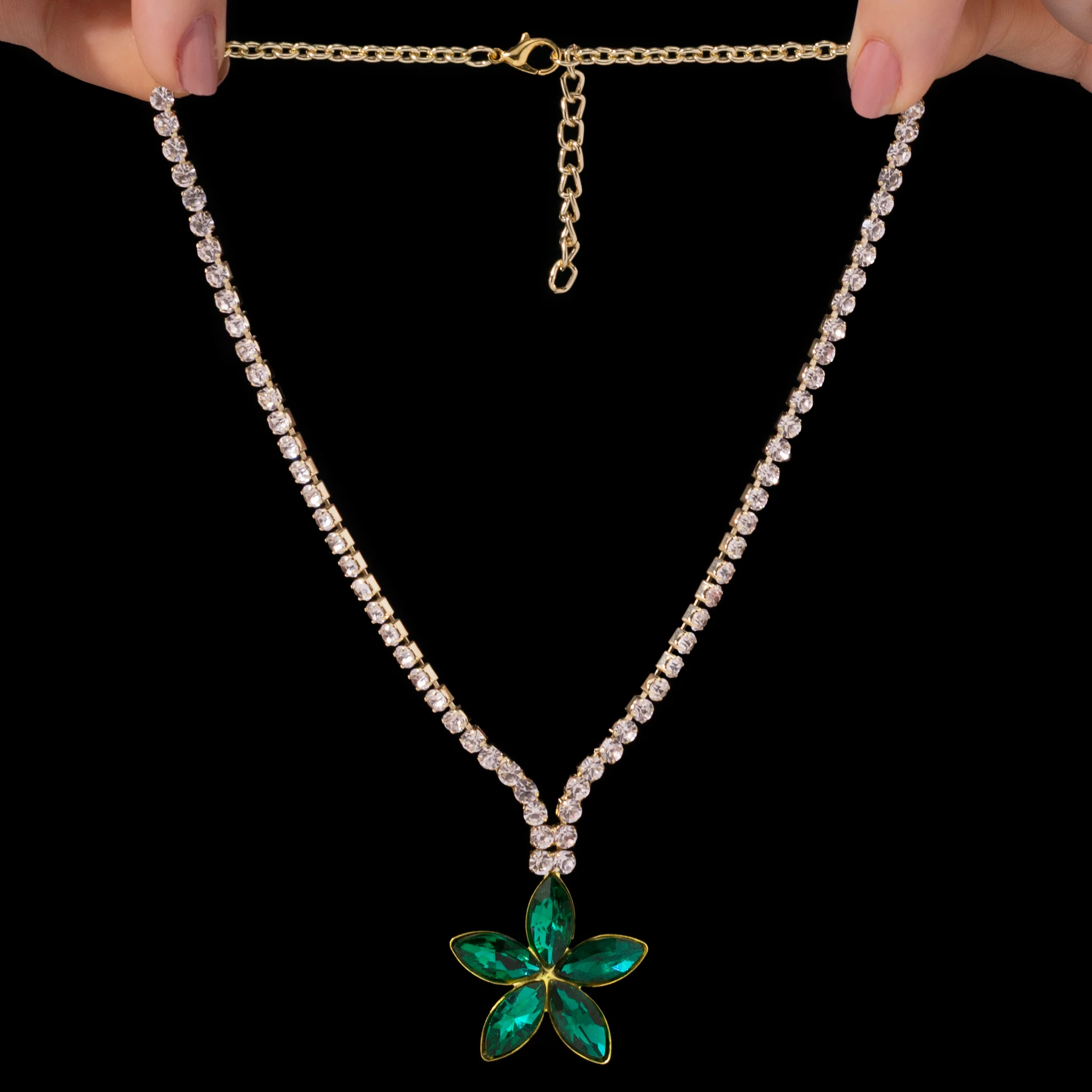 PRAO Necklace Anti-Tarnish Emerald Flower Pendant - Image 3