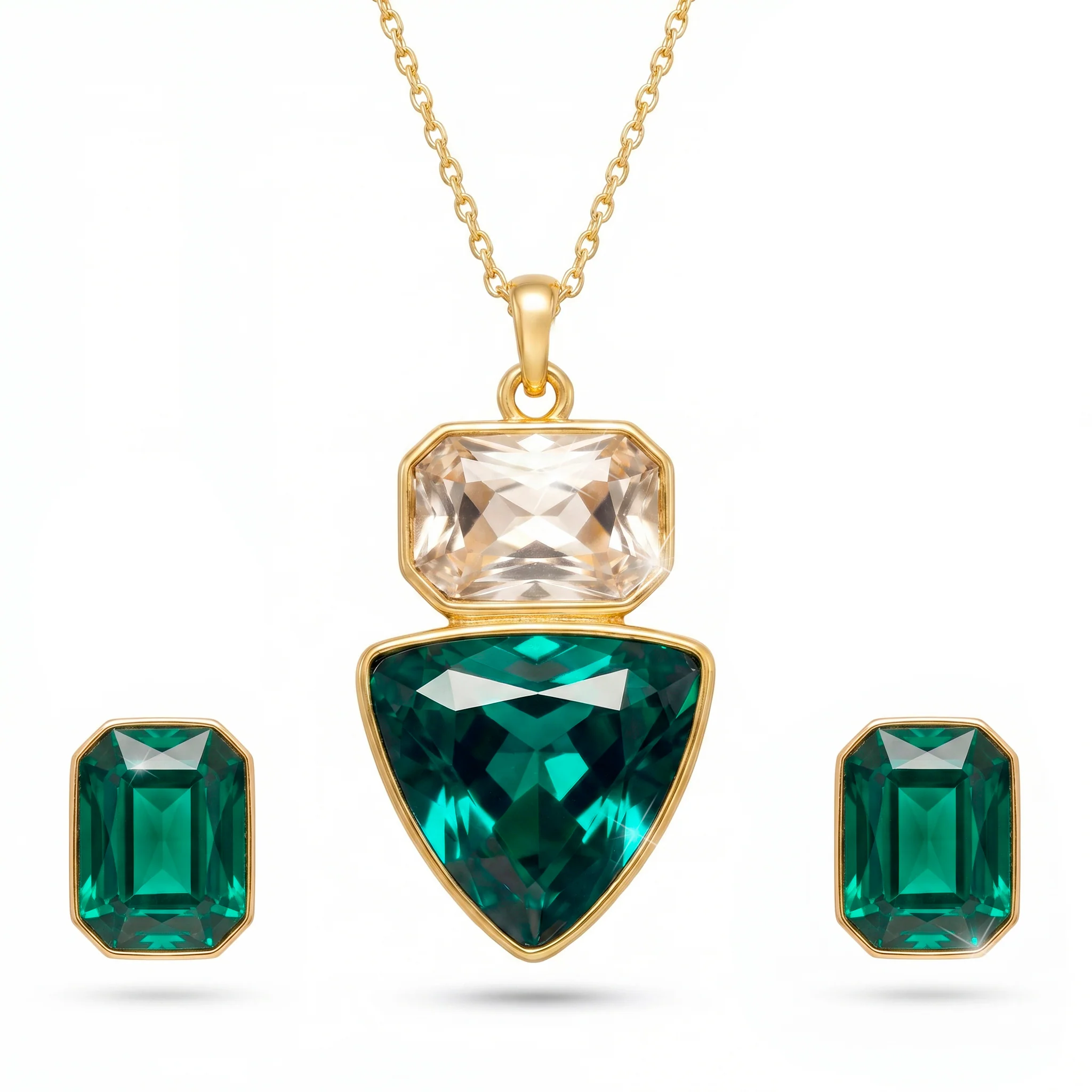 PRAO Necklace Anti-Tarnish Rectangle & Triangle Pendant with Earrings