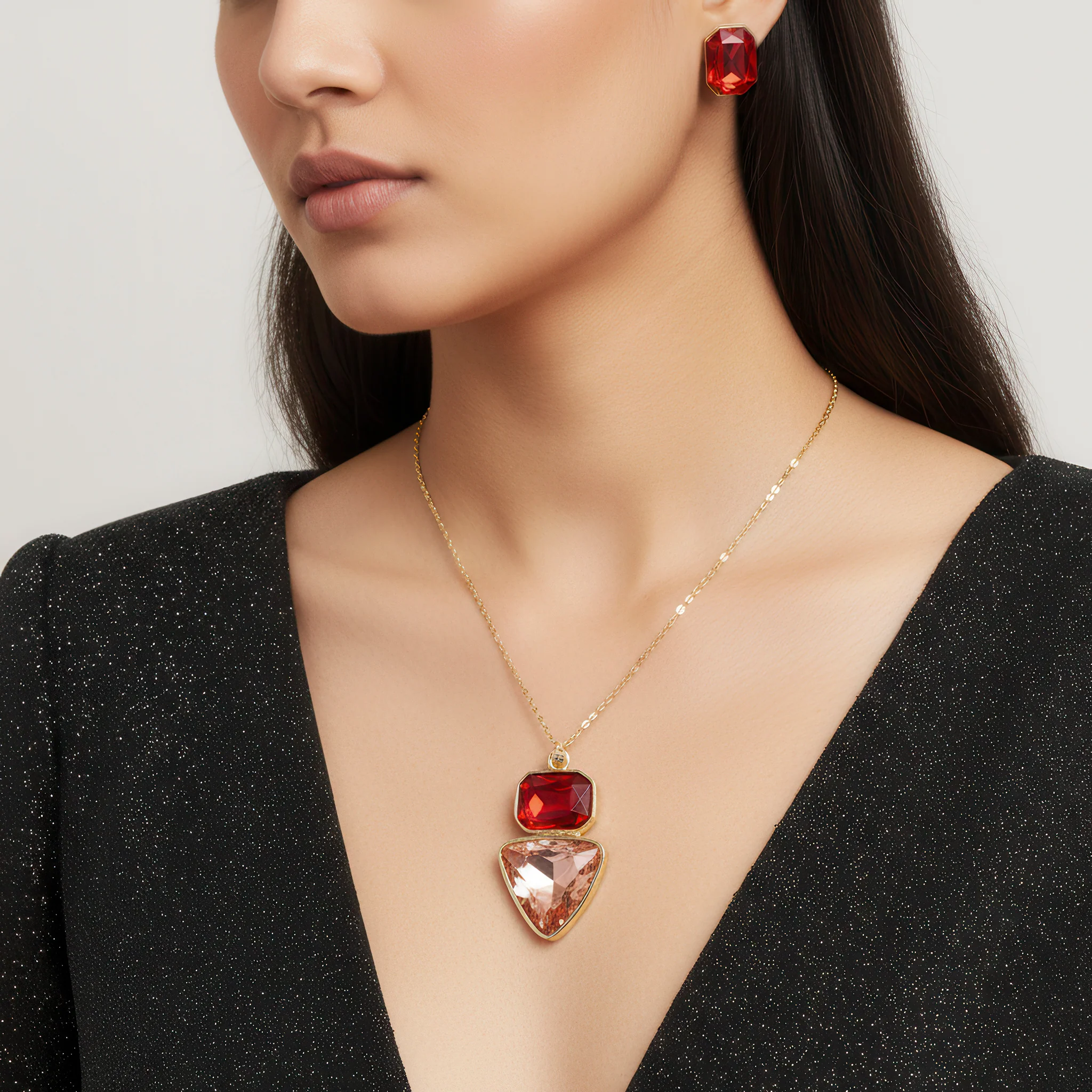 PRAO Necklace Anti-Tarnish Rectangle & Triangle Pendant with Earrings - Image 2