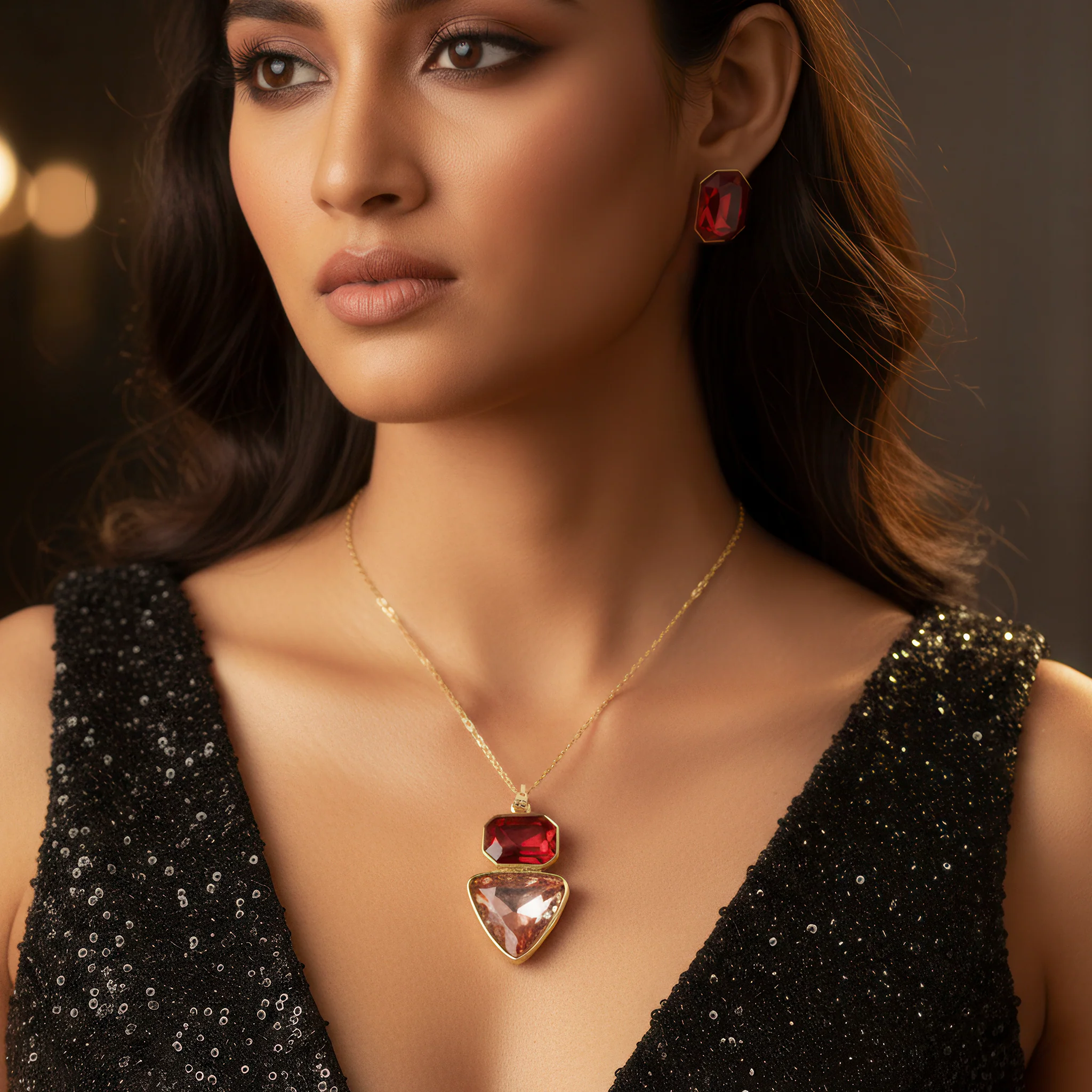 PRAO Necklace Anti-Tarnish Rectangle & Triangle Pendant with Earrings - Image 7