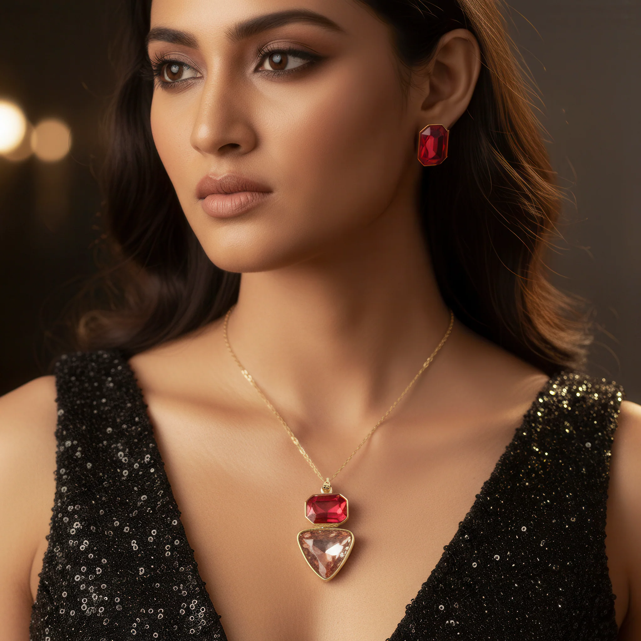 PRAO Necklace Anti-Tarnish Rectangle & Triangle Pendant with Earrings - Image 9