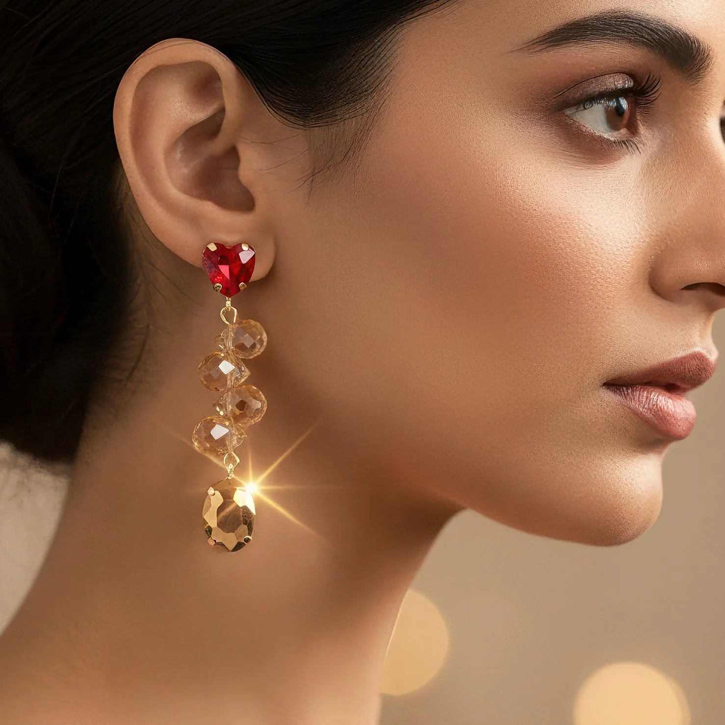 PRAO Earrings Anti-Tarnish Heart Crystal Tops with Beads & Oval Crystal Danglers