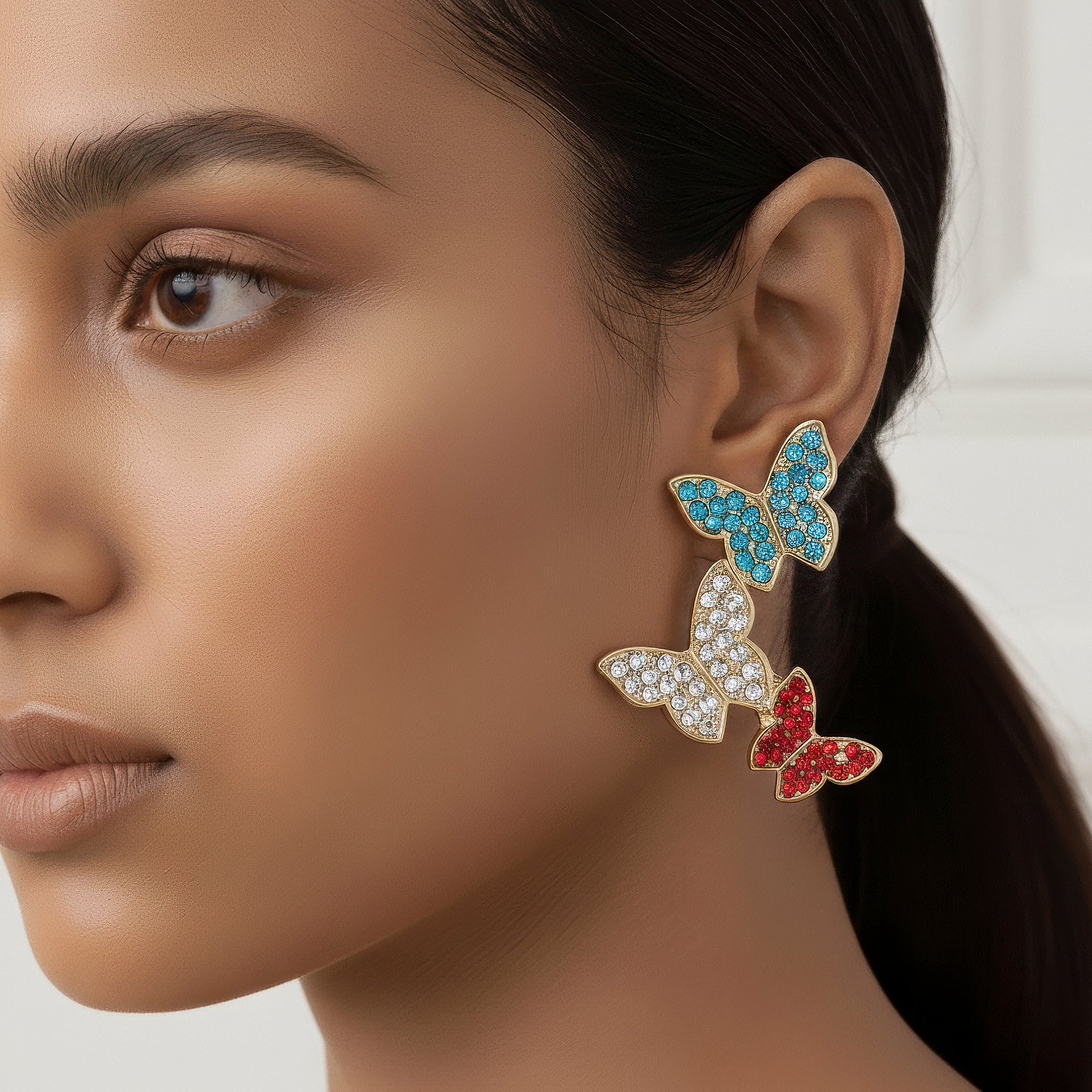 PRAO Earrings Anti-Tarnish Tri-Tone Butterfly Danglers - Image 3