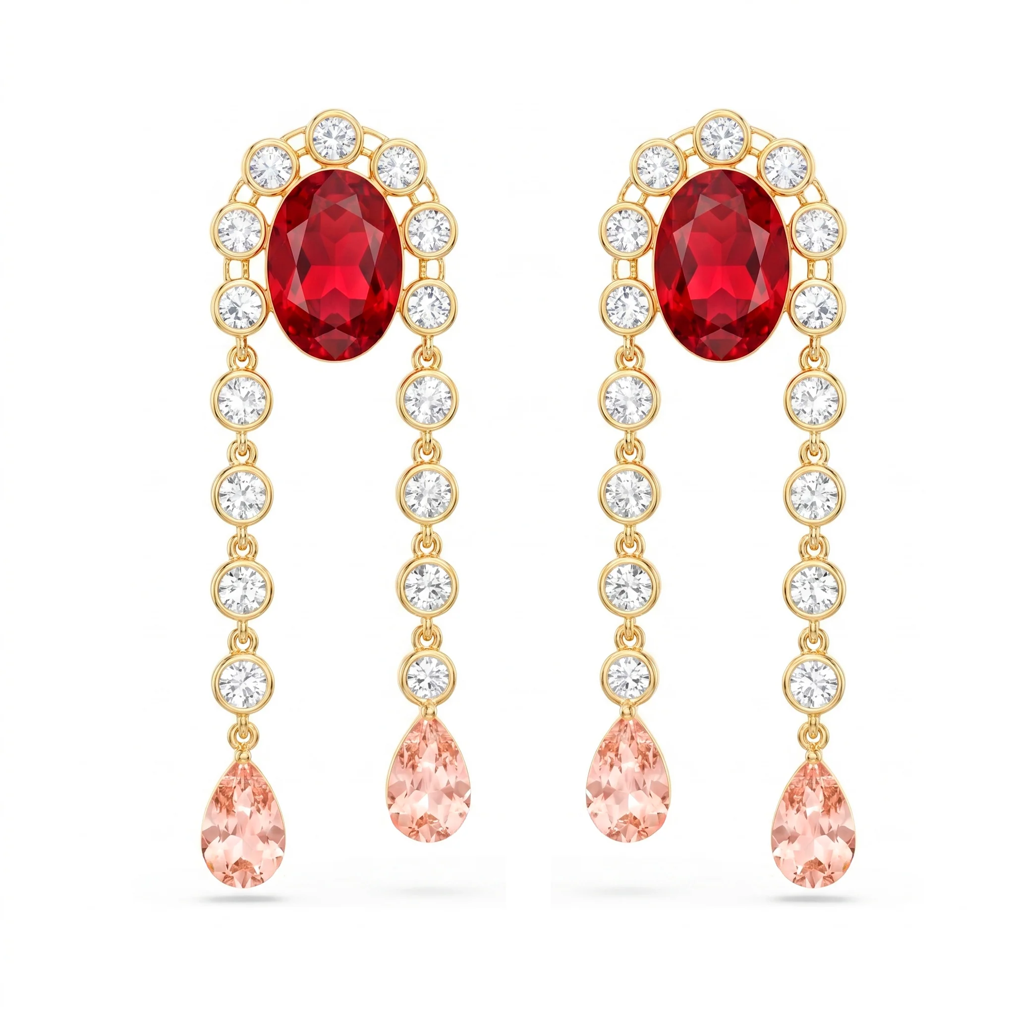 PRAO Earrings Anti-Tarnish Oval Dangle With Studded Chain & Drop Crystal - Image 2