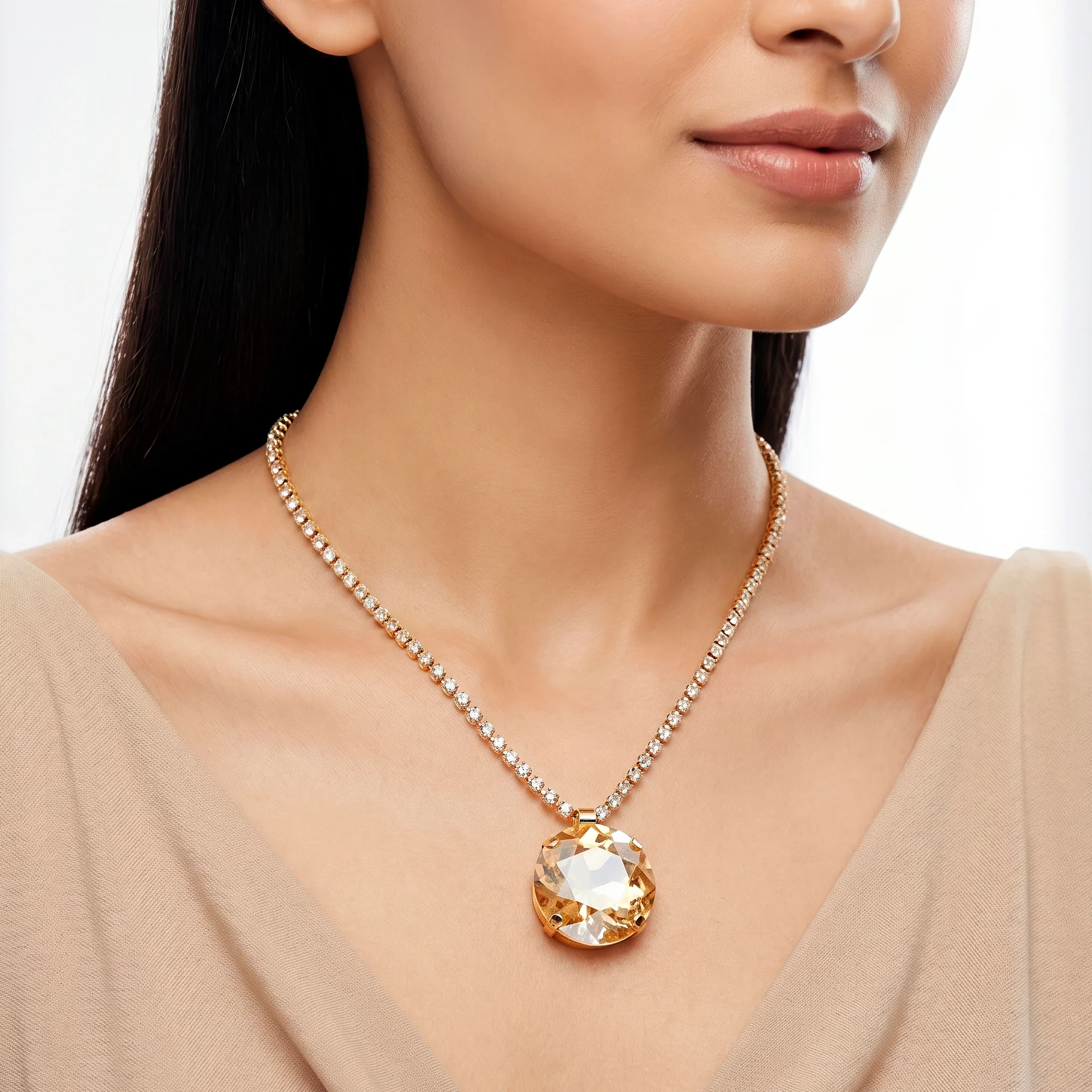 PRAO Necklace Anti-Tarnish Oversized Round Champagne Crystal Pendant - Image 4