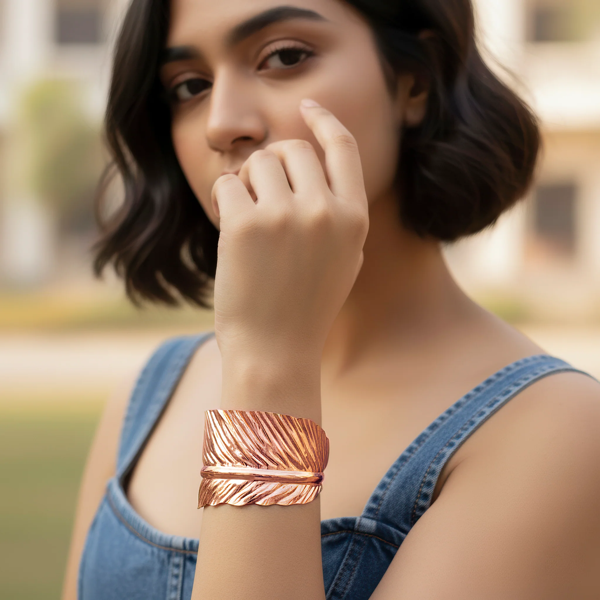 PRAO Bracelet Anti-Tarnish Rose Gold Leaf Bangle (Adjustable Size) - Image 3