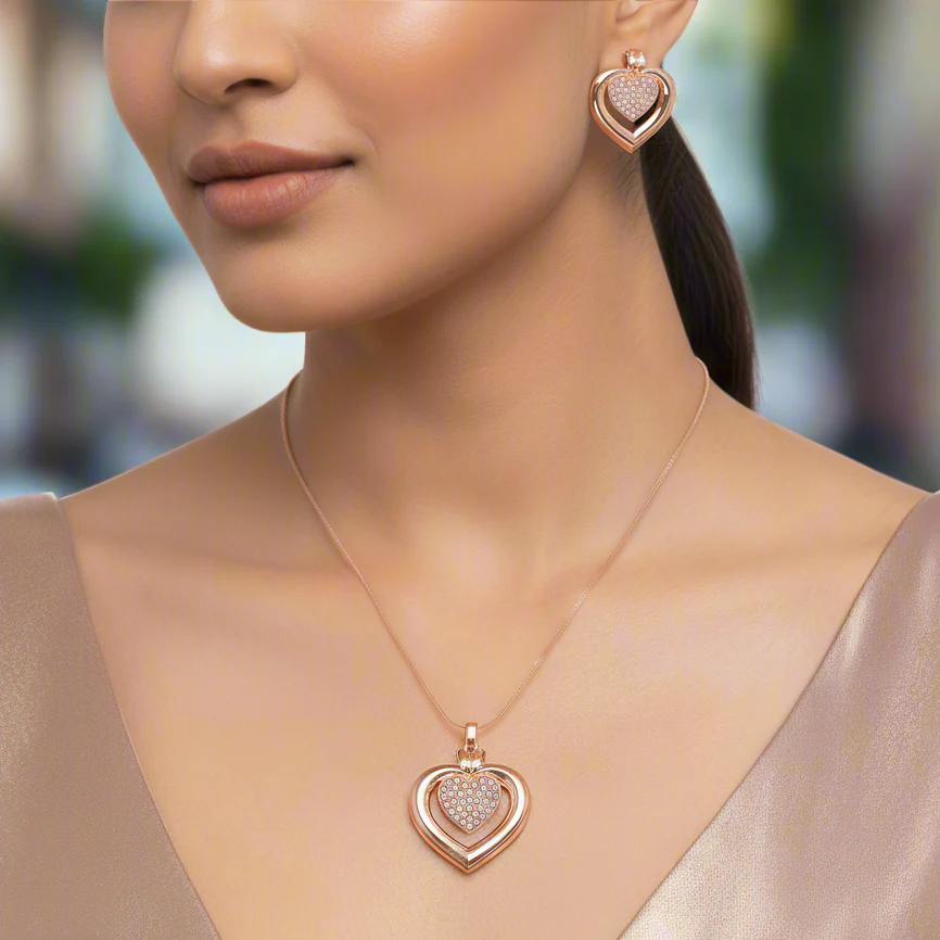 PRAO Necklace Anti-Tarnish Double Studded Heart Pendant Set With Earrings
