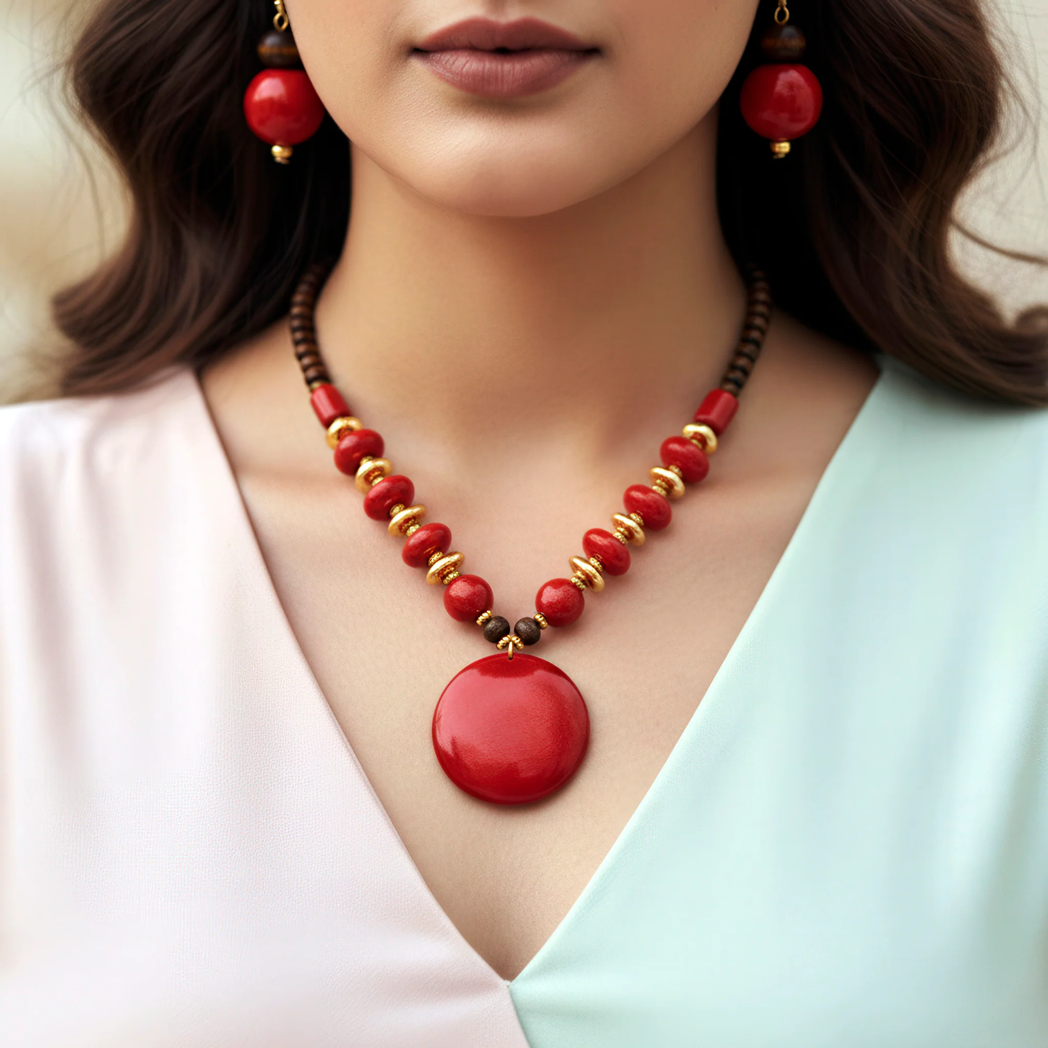 PRAO Necklace Bead & Resin Statement Set With Earrings - Image 2