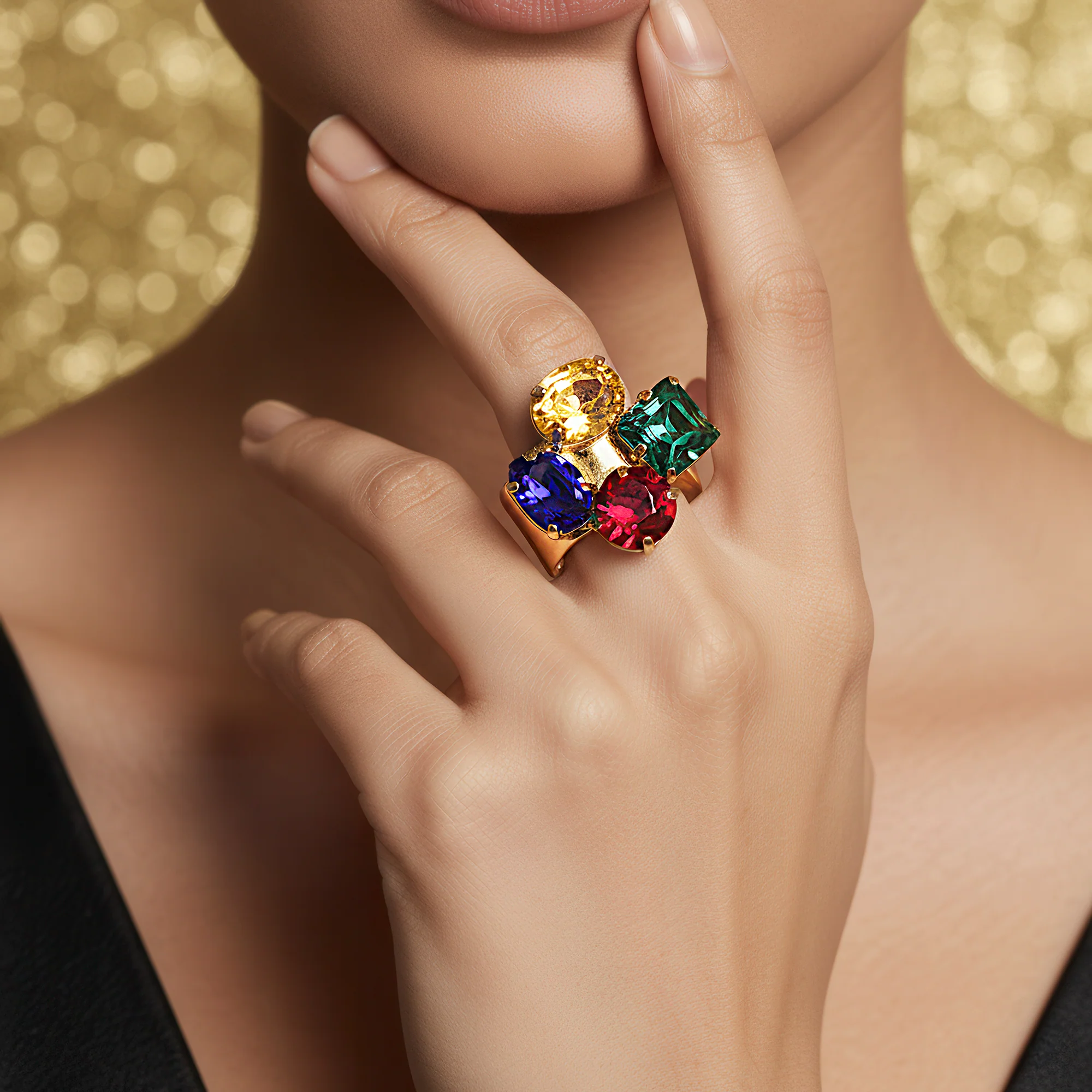 PRAO Ring Anti-Tarnish Gold Plated Multicoloured Crystals (Adjustable Size) - Image 2