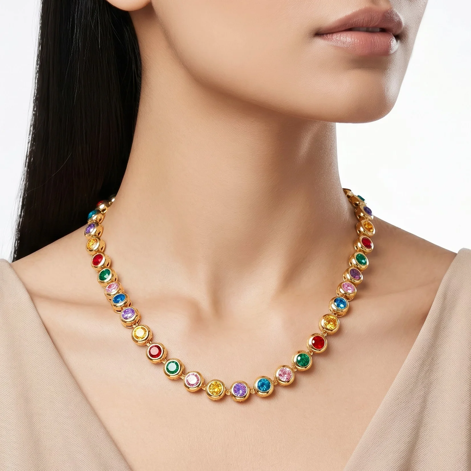 PRAO Necklace Anti-Tarnish Gold Plated Multicoloured Crystals - Image 4
