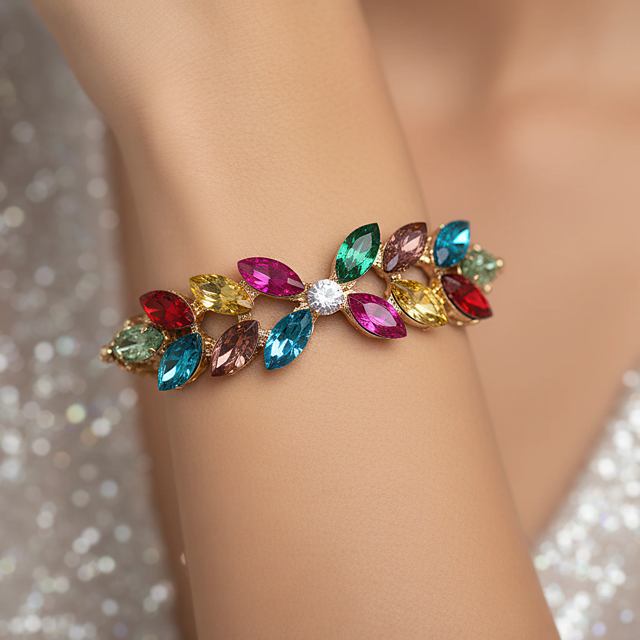 PRAO Bracelet Anti-Tarnish Multi Crystal Leafy-Style Chain (Adjustable Size) - Image 2