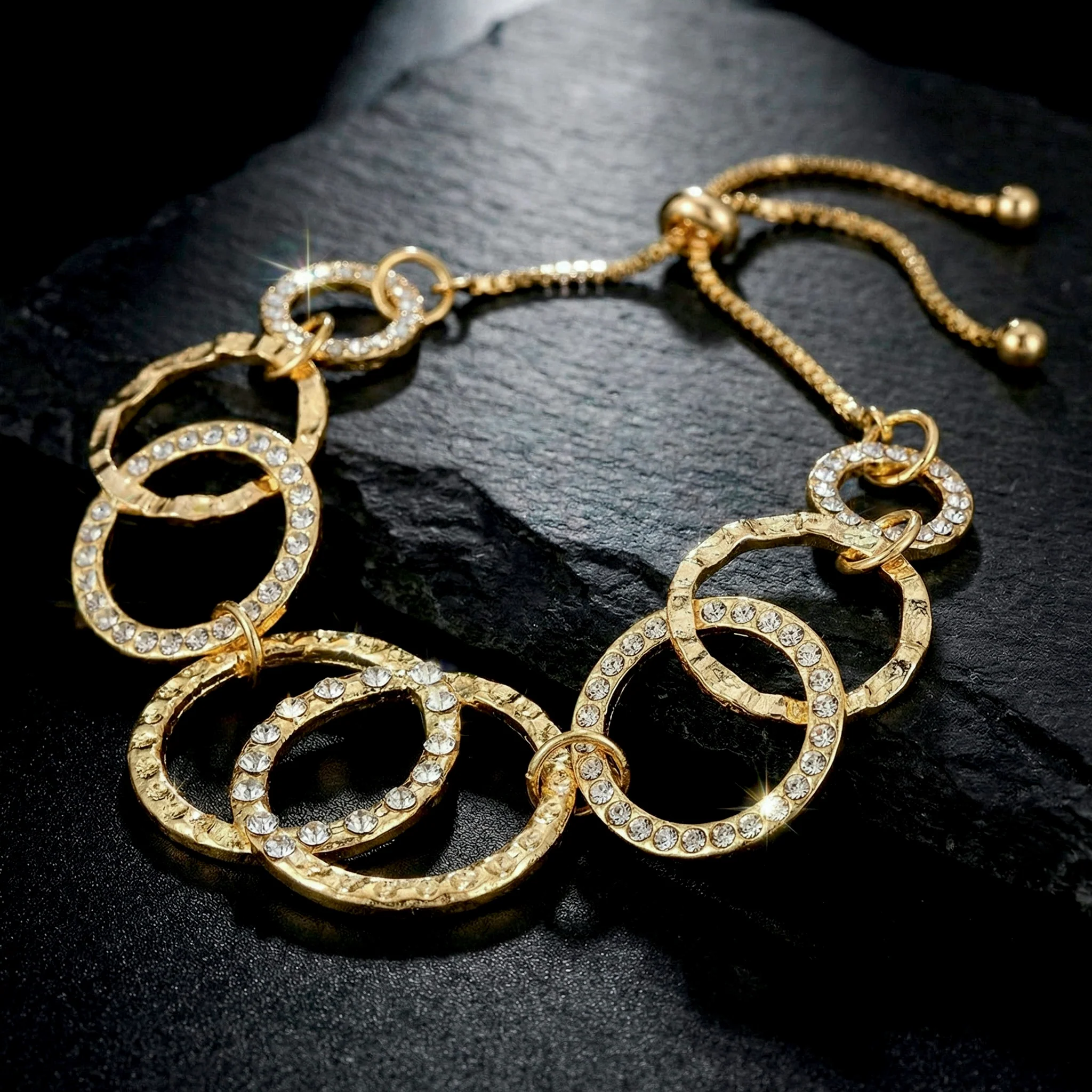 PRAO Bracelet Anti-Tarnish Gold Plated Inter-Linked AD Studded Circles (Adjustable Size)