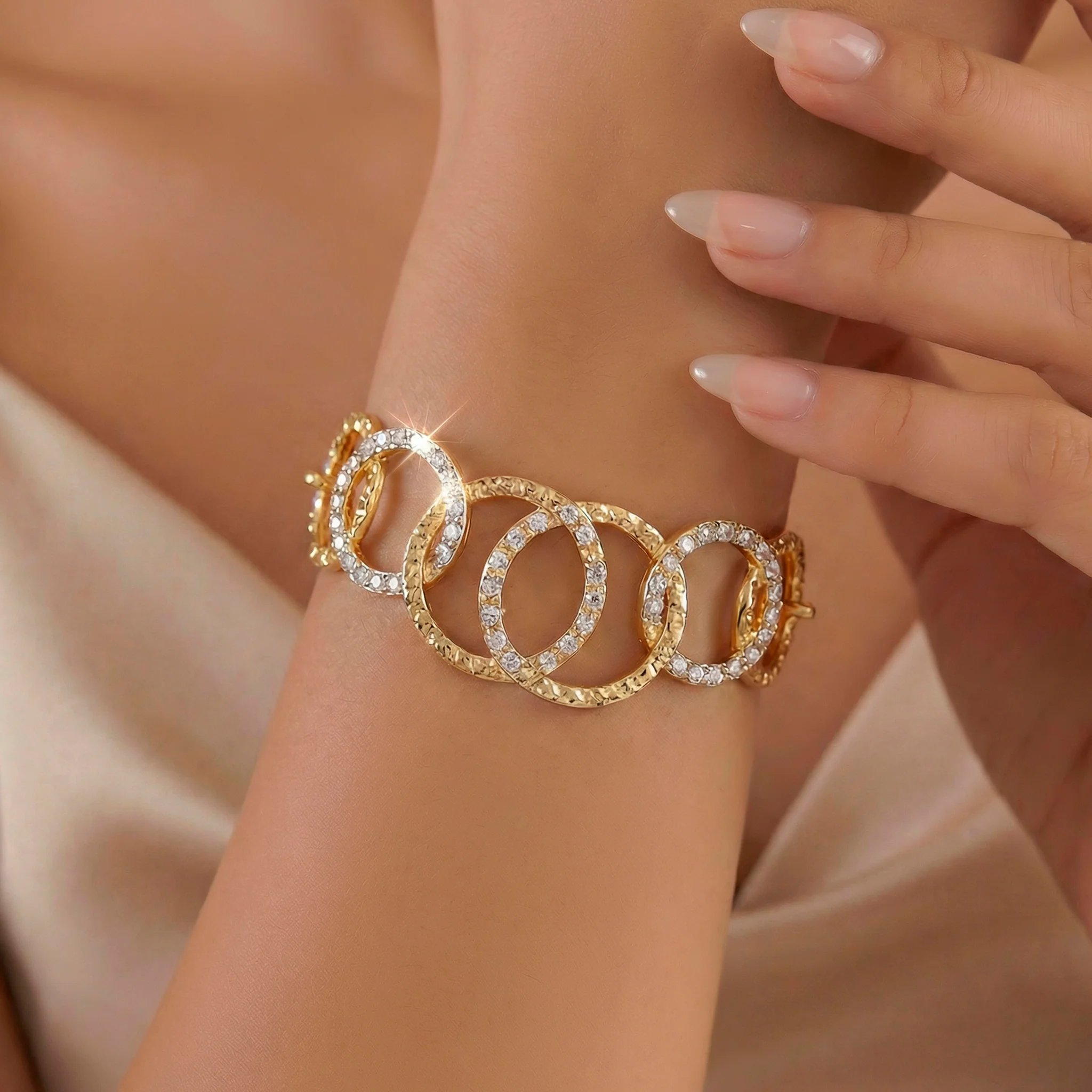PRAO Bracelet Anti-Tarnish Gold Plated Inter-Linked AD Studded Circles (Adjustable Size) - Image 2