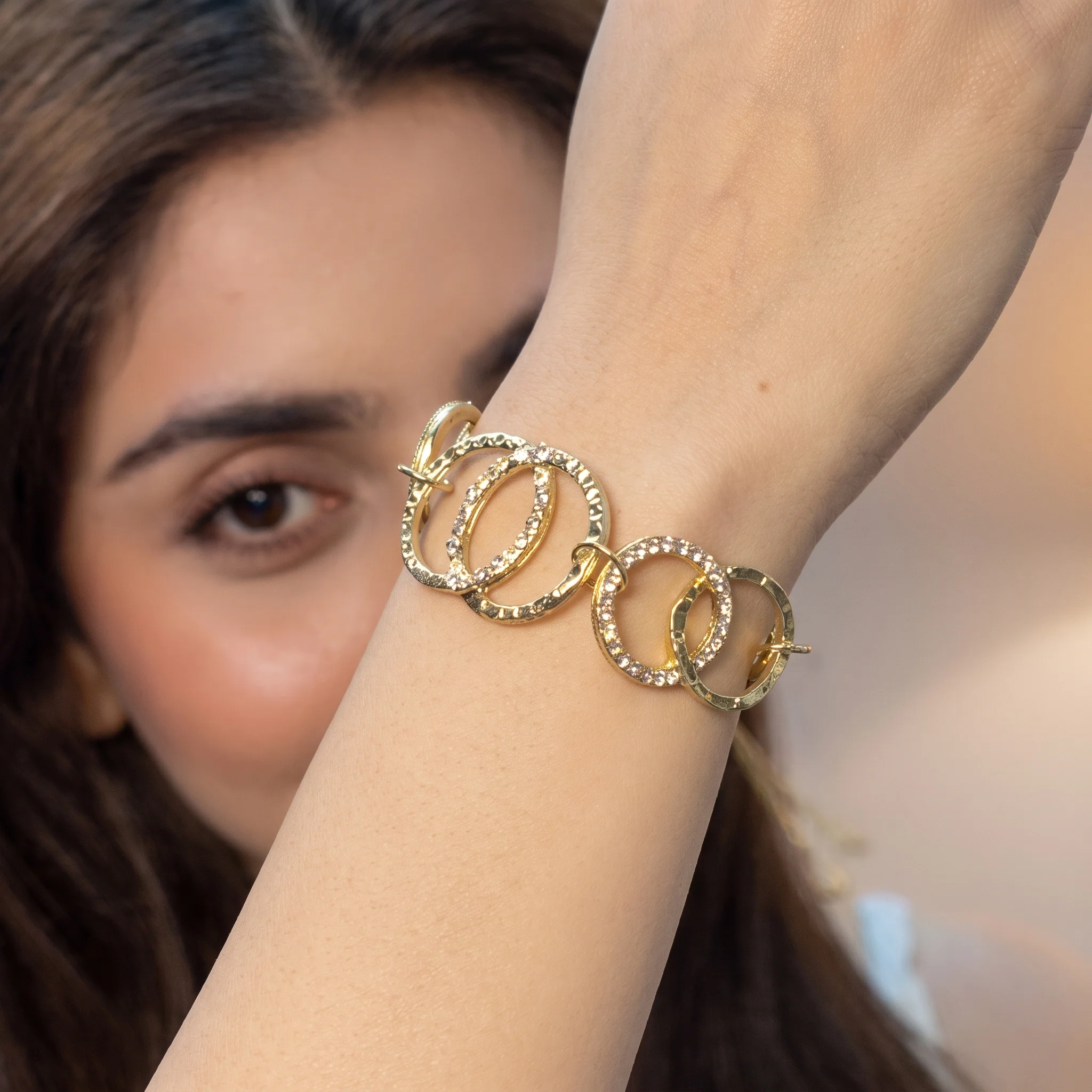 PRAO Bracelet Anti-Tarnish Gold Plated Inter-Linked AD Studded Circles (Adjustable Size) - Image 5