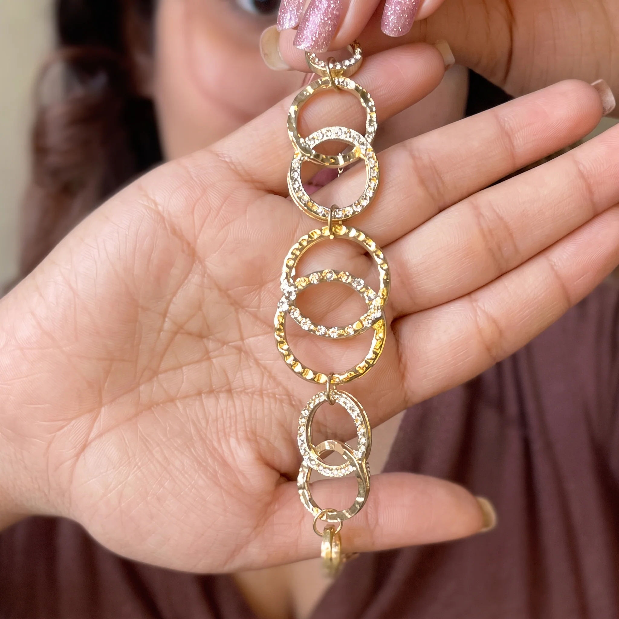 PRAO Bracelet Anti-Tarnish Gold Plated Inter-Linked AD Studded Circles (Adjustable Size) - Image 6