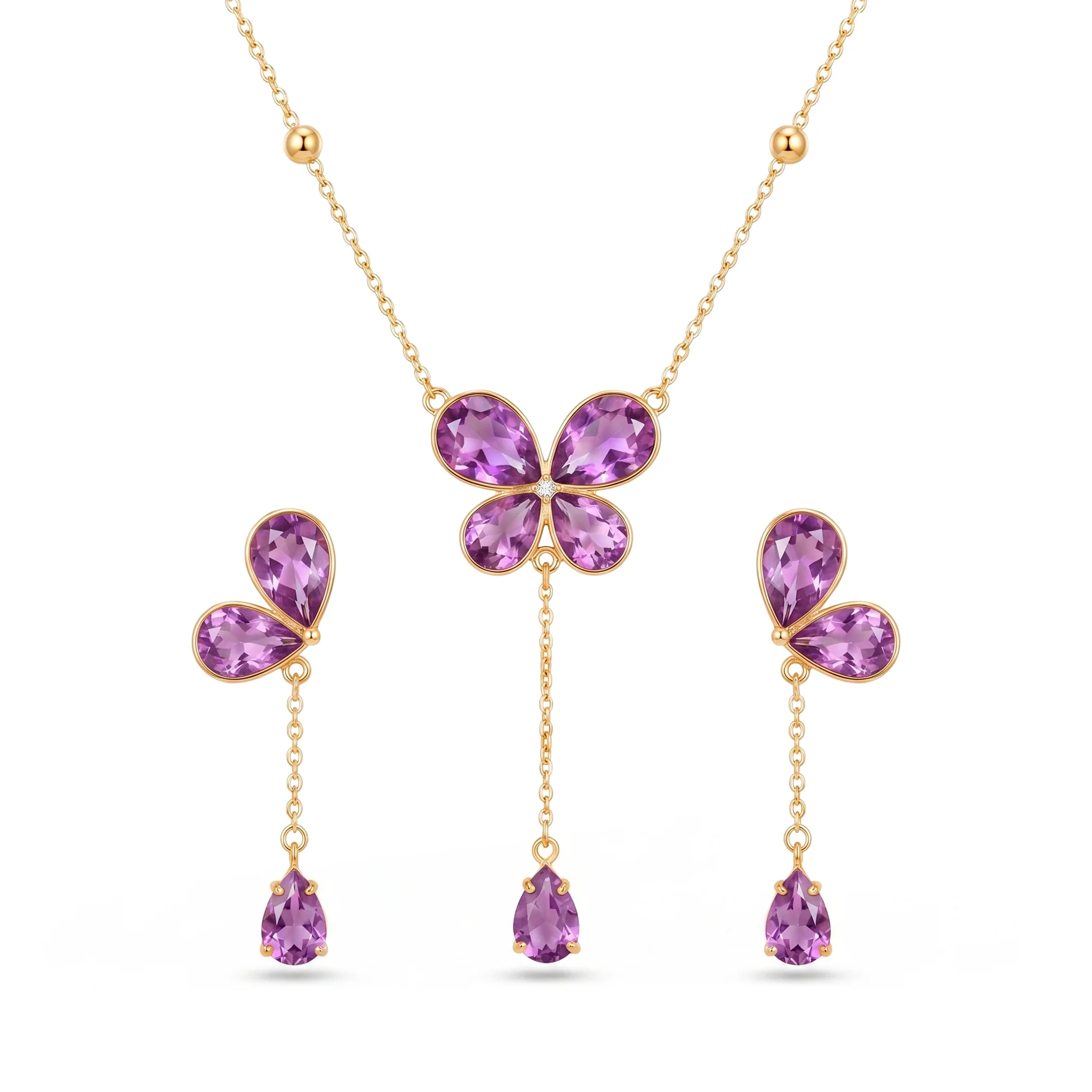 PRAO Necklace Anti-Tarnish Purple Crystal Butterfly Set  With Earrings