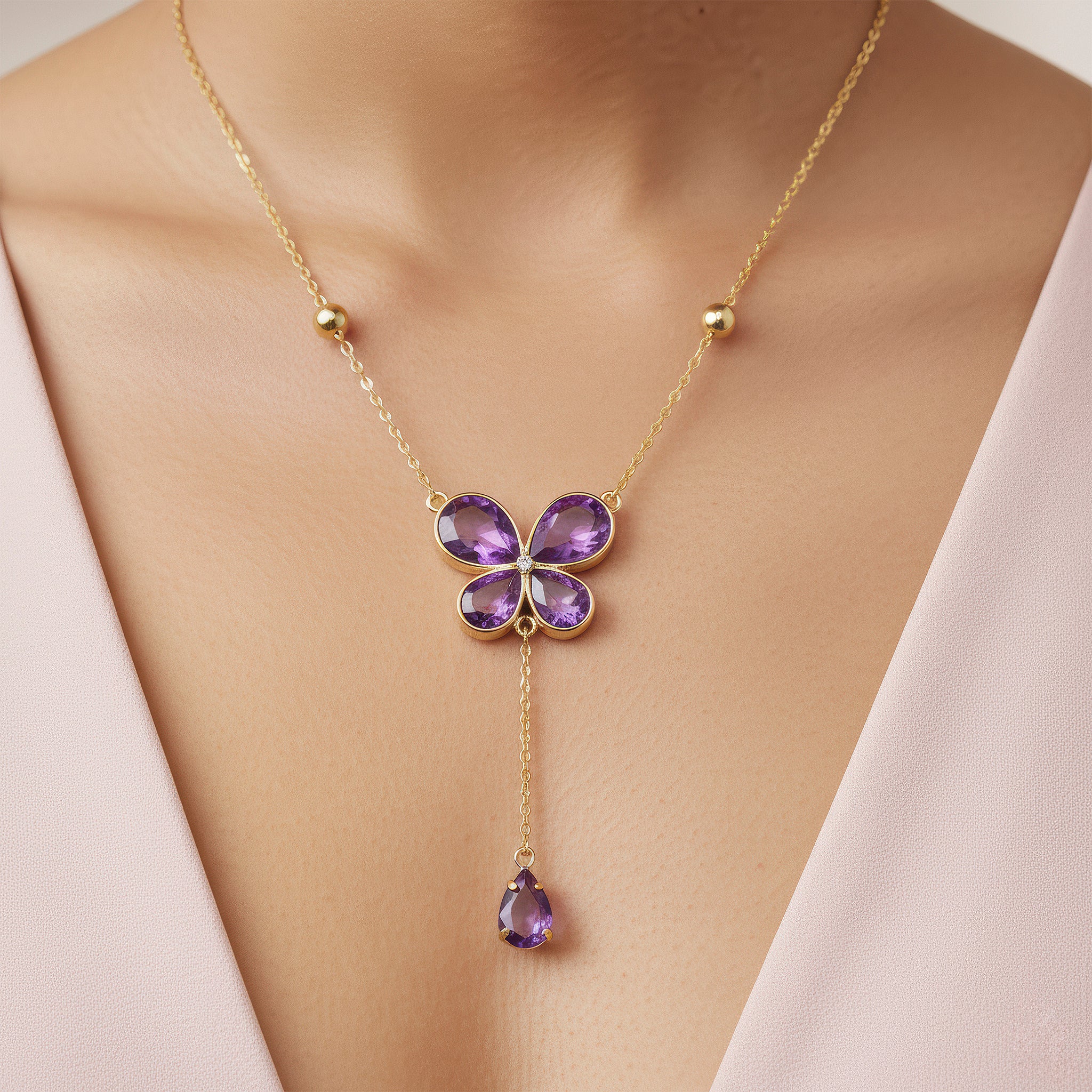 PRAO Necklace Anti-Tarnish Purple Crystal Butterfly Set  With Earrings - Image 2
