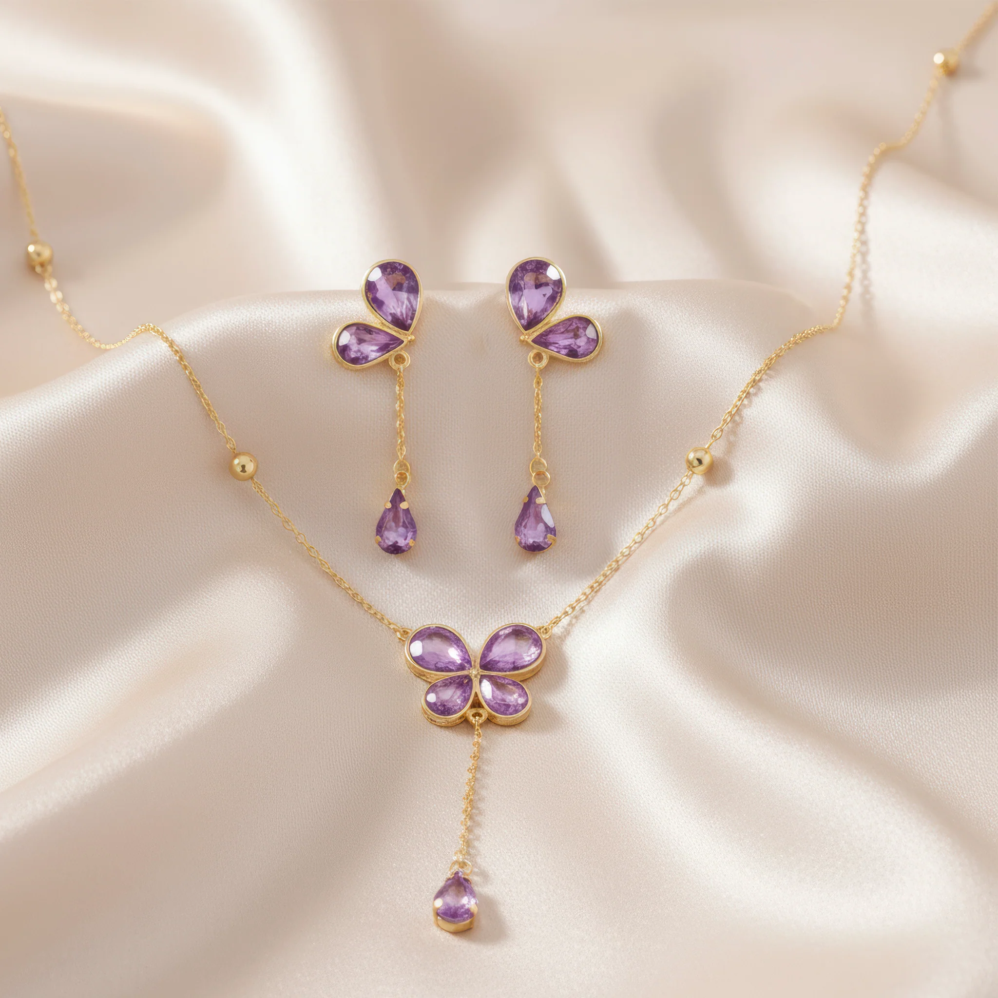 PRAO Necklace Anti-Tarnish Purple Crystal Butterfly Set  With Earrings - Image 6