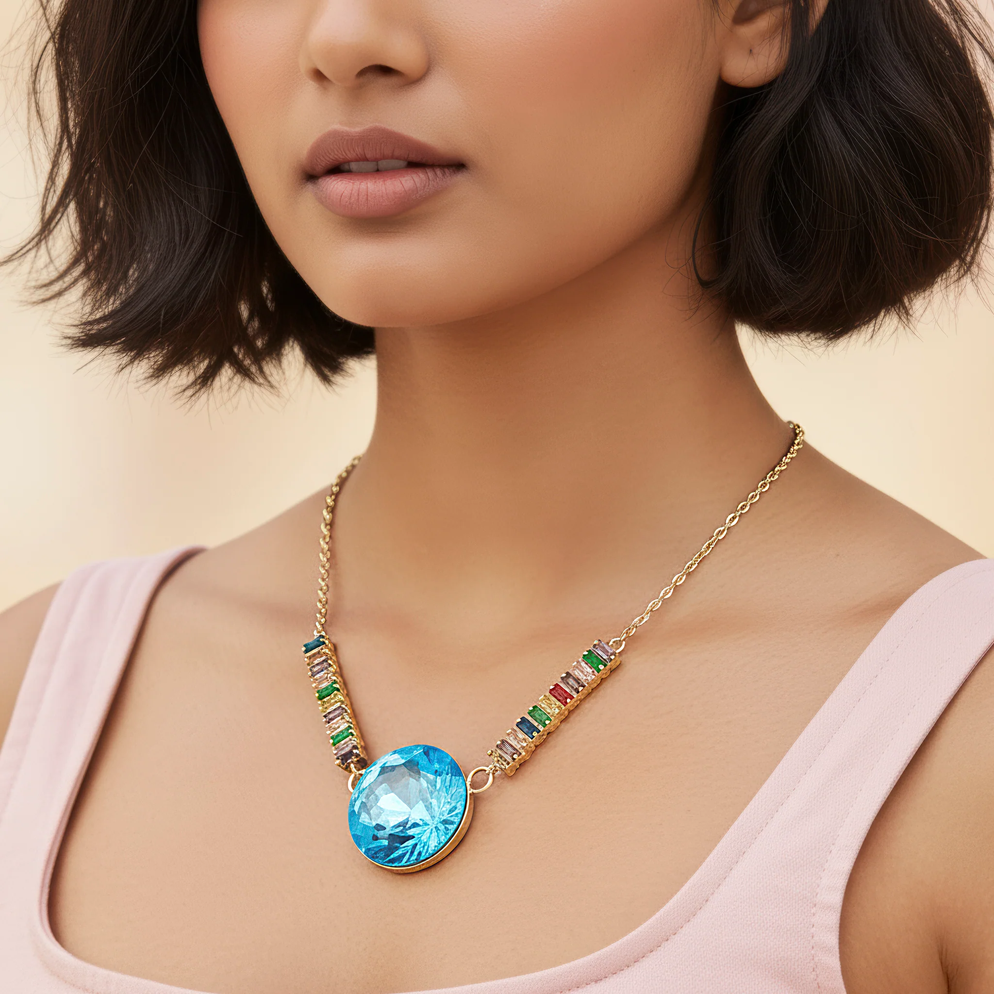 PRAO Necklace Anti-Tarnish Multi-Color Baguette Chain & Oversized Round Crystal Pendant - Image 2