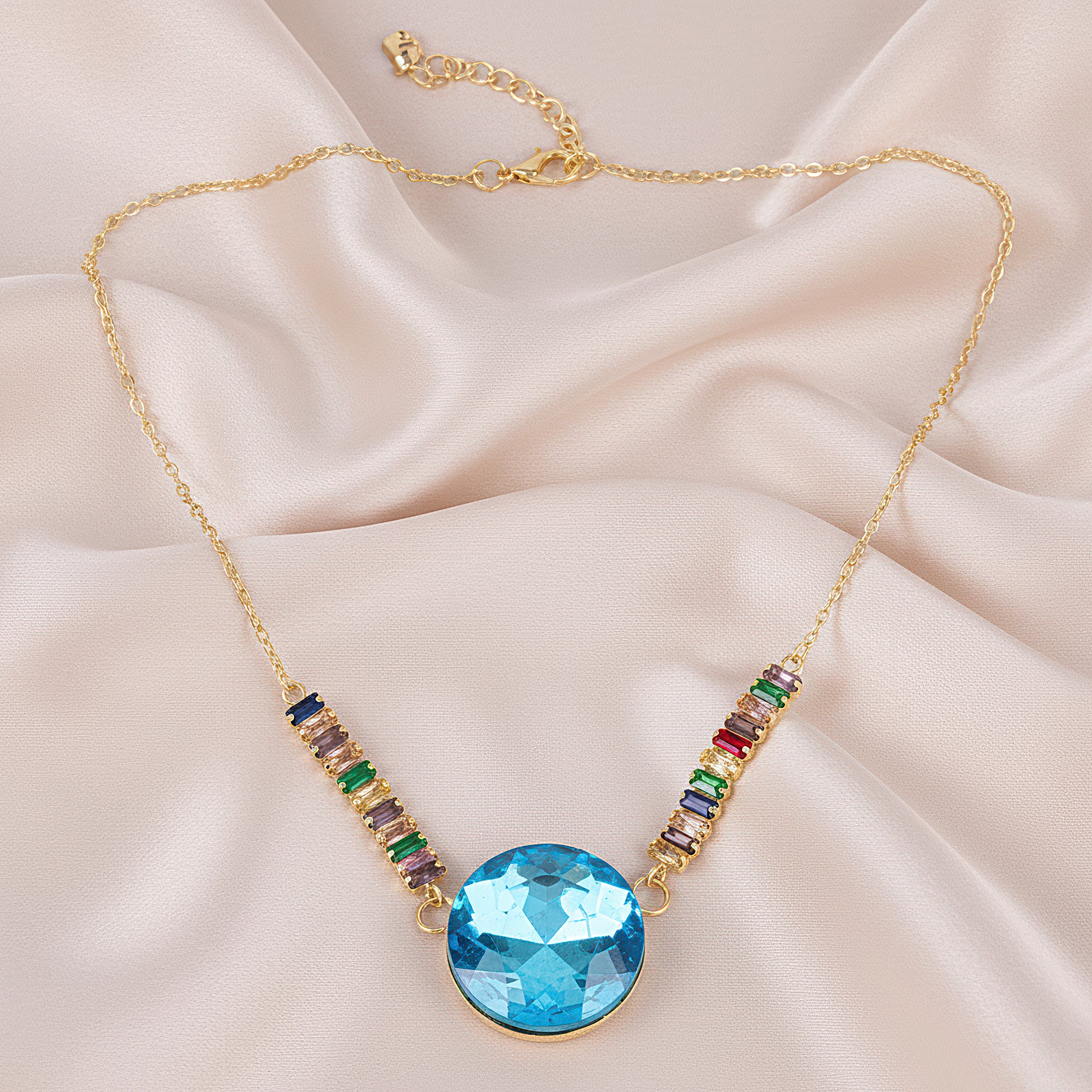 PRAO Necklace Anti-Tarnish Multi-Color Baguette Chain & Oversized Round Crystal Pendant - Image 4