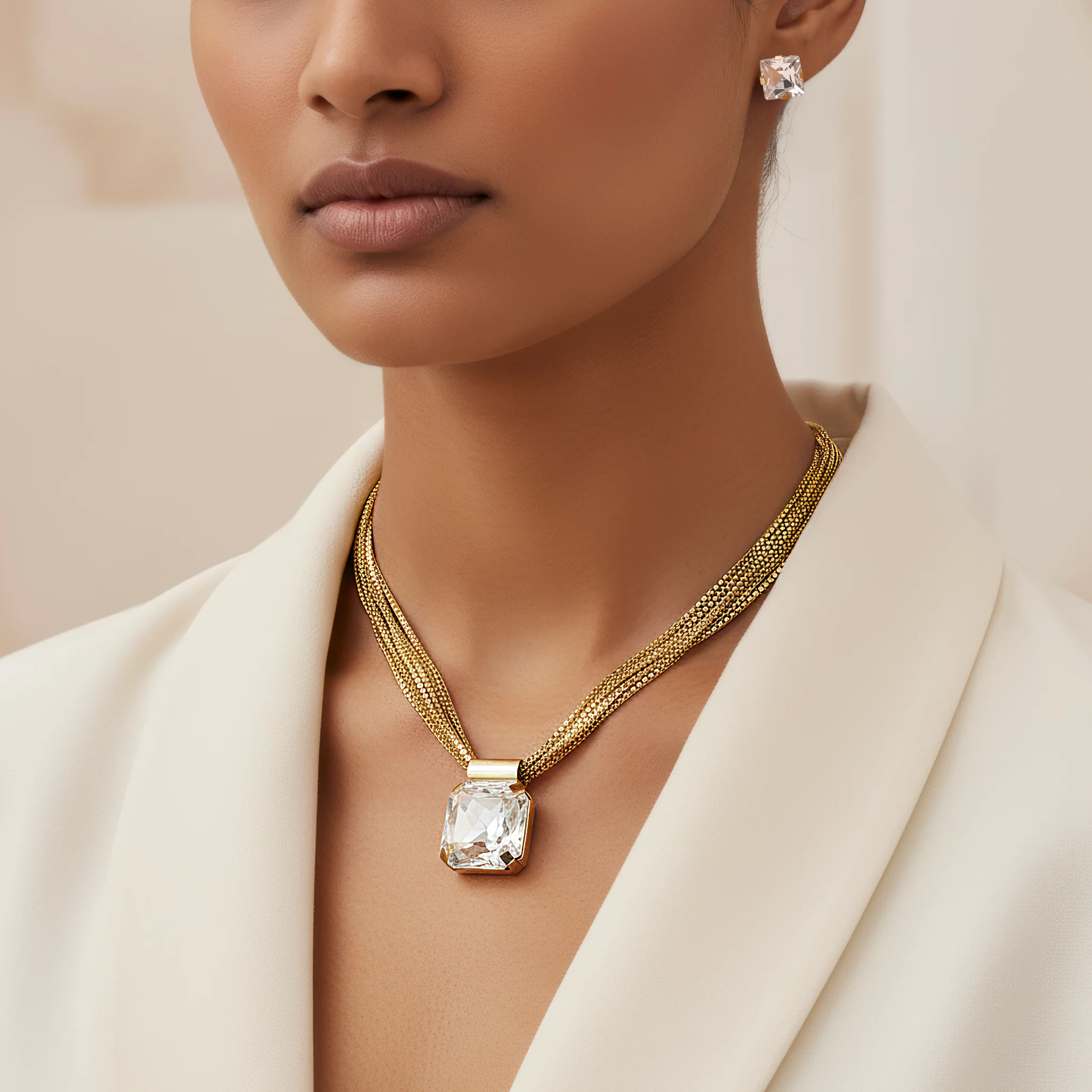 PRAO Necklace Anti-Tarnish Gold Plated Crystal Pendant Set with Earrings - Image 4