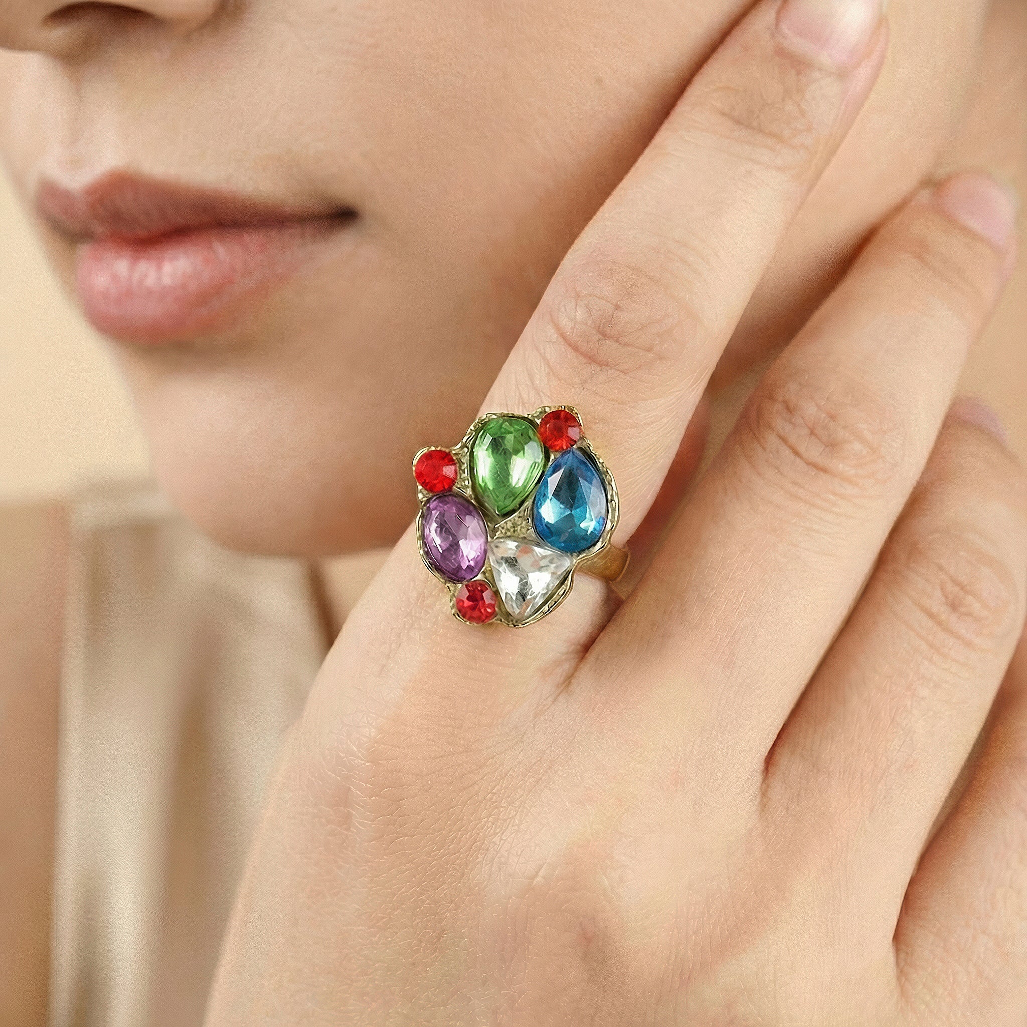 PRAO Ring Anti-Tarnish Multi-Shape And Color Crystal (Adjustable Size)