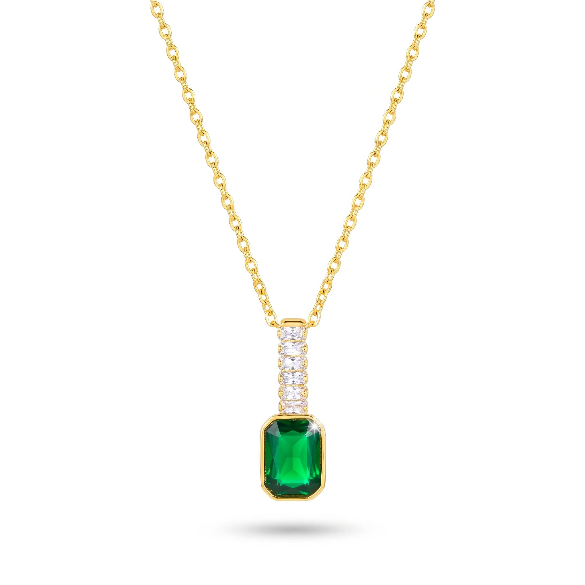 PRAO Necklace Anti-Tarnish Baguette Chain & Emerald Crystal Pendant - Image 3