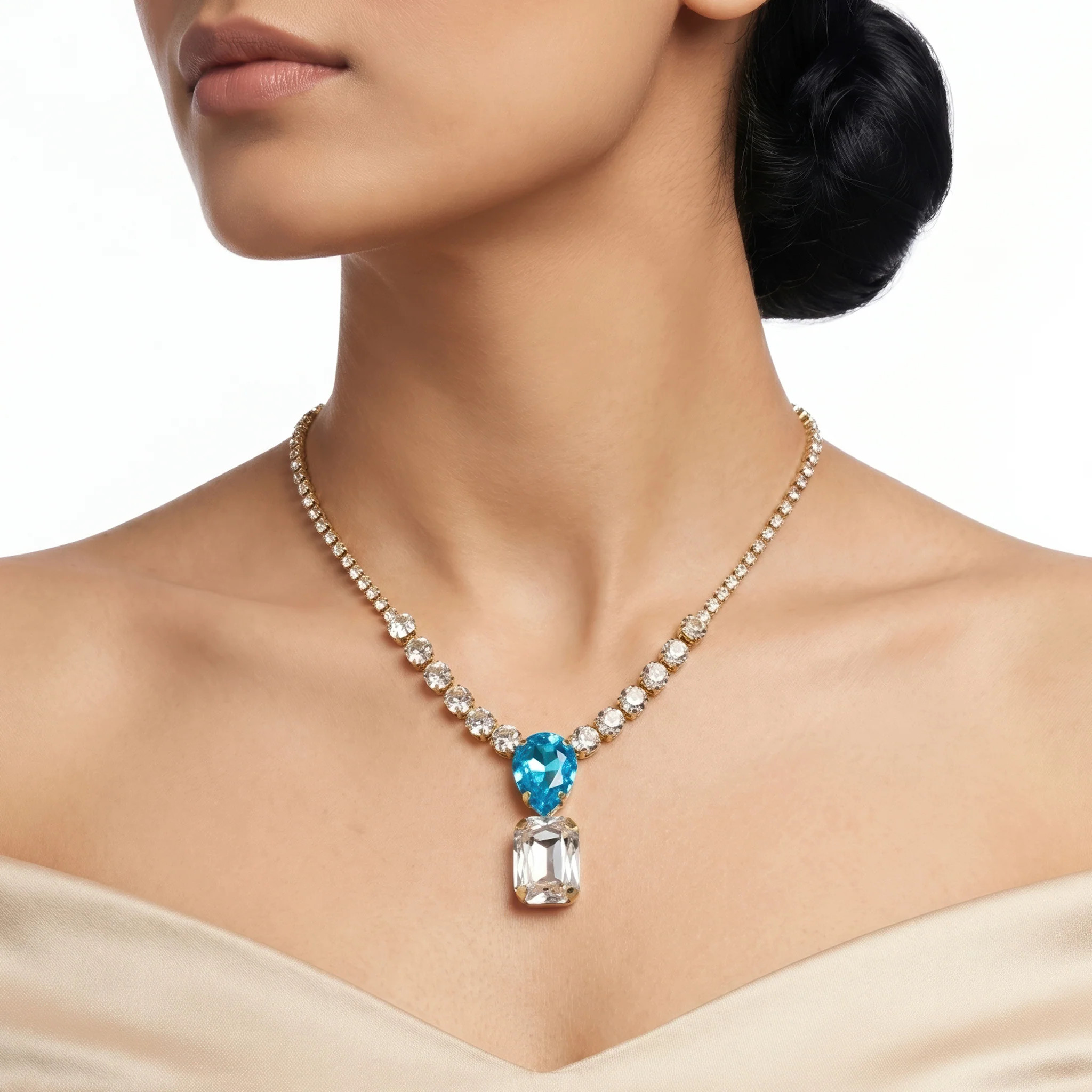 PRAO Necklace Anti-Tarnish Aquamarine Crystals Studded Statement Set - Image 3