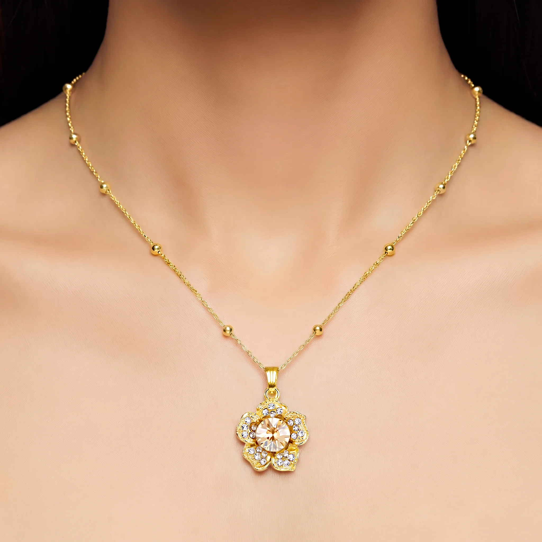 PRAO Necklace Anti-Tarnish Champagne Crystal Flower Minimalist Pendant - Image 2